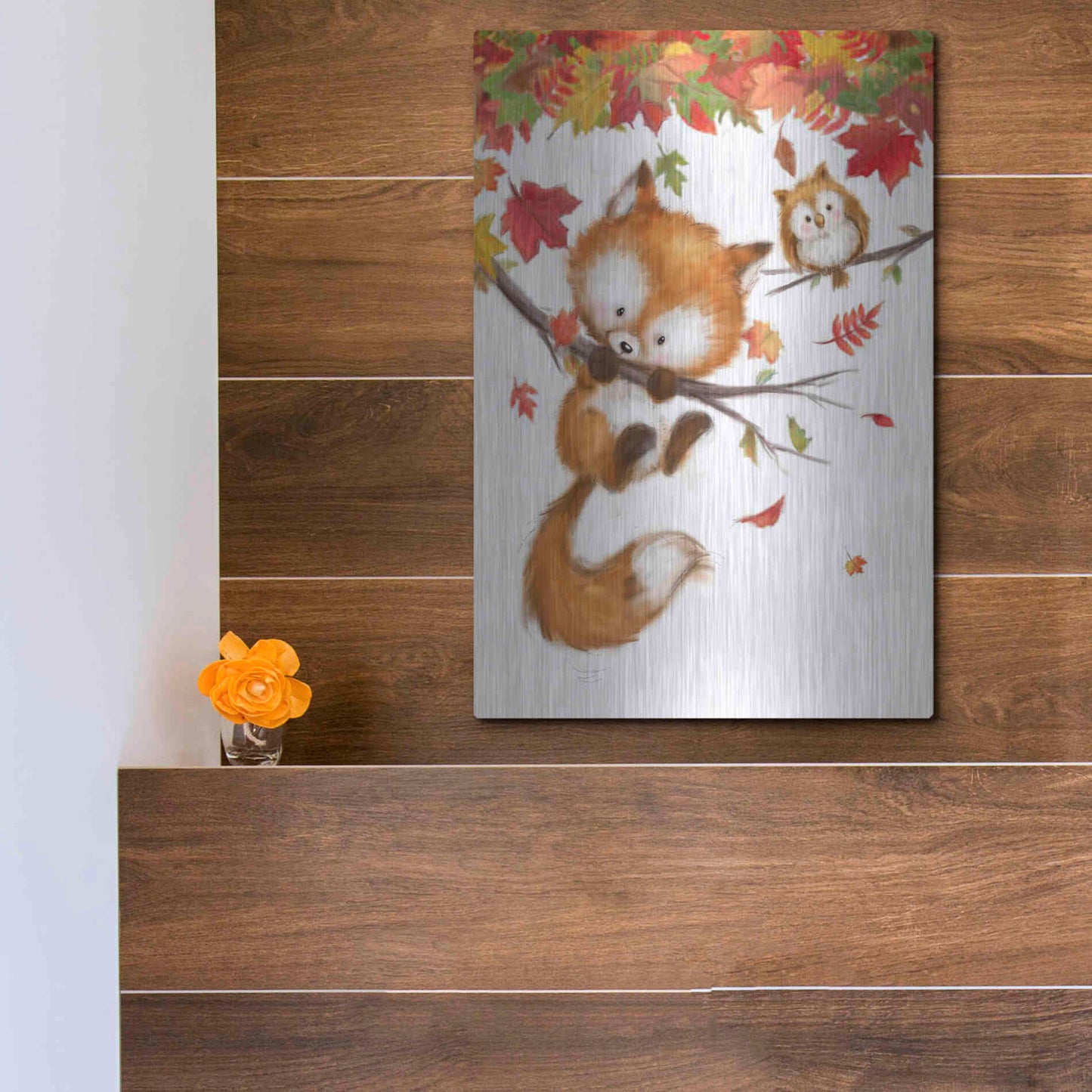 Luxe Metal Art 'Fox and Owl' by Makiko, Metal Wall Art,12x16