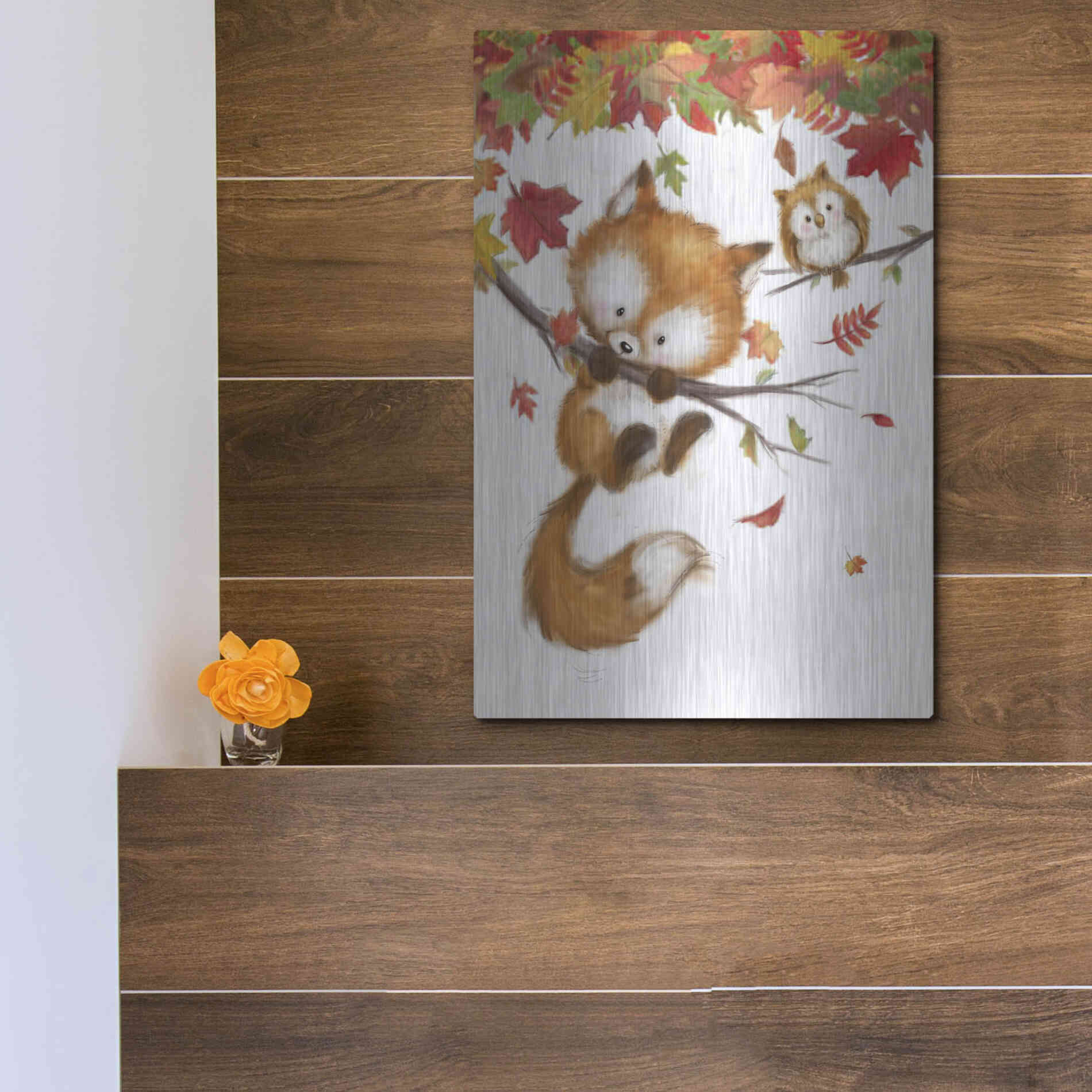 Luxe Metal Art 'Fox and Owl' by Makiko, Metal Wall Art,12x16