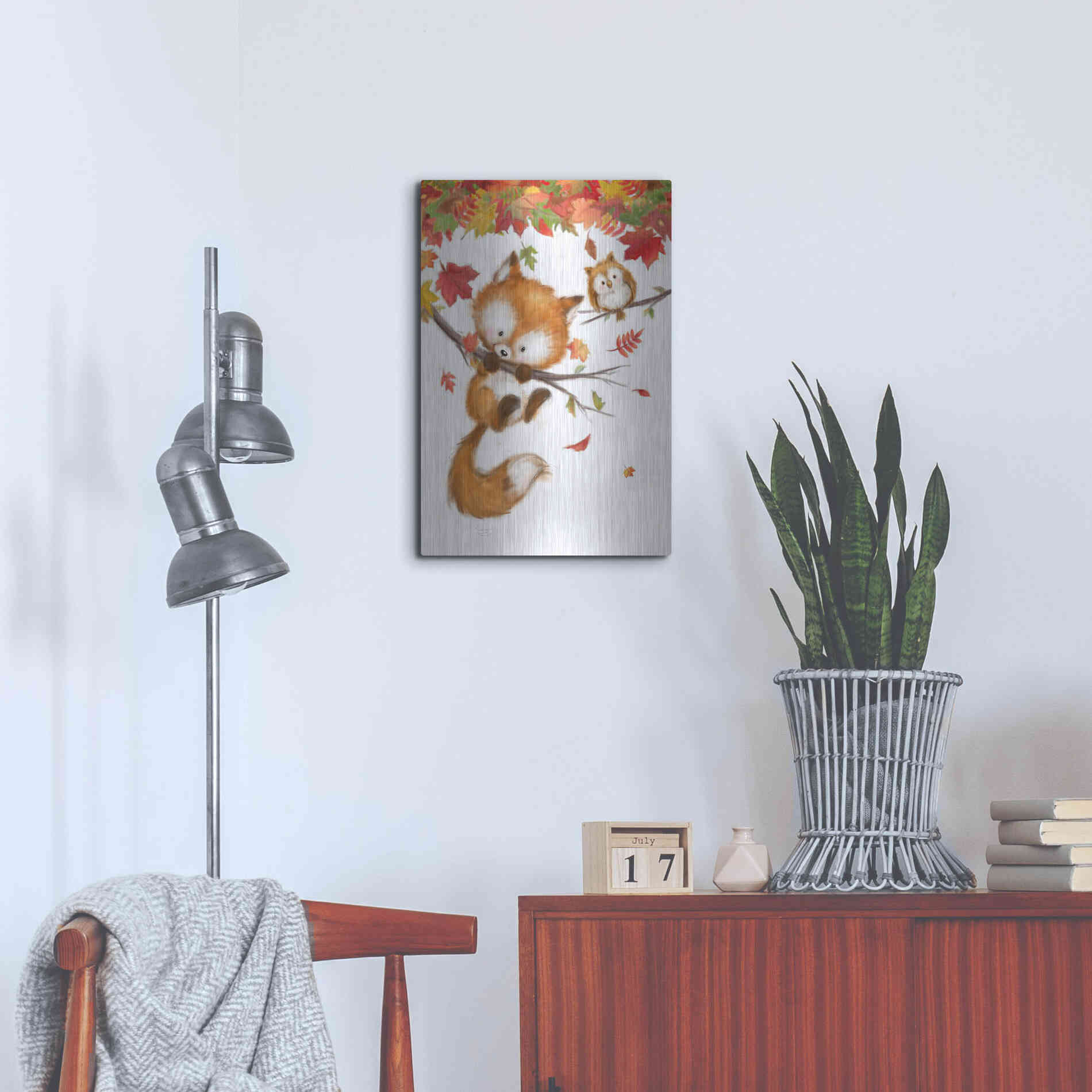 Luxe Metal Art 'Fox and Owl' by Makiko, Metal Wall Art,16x24