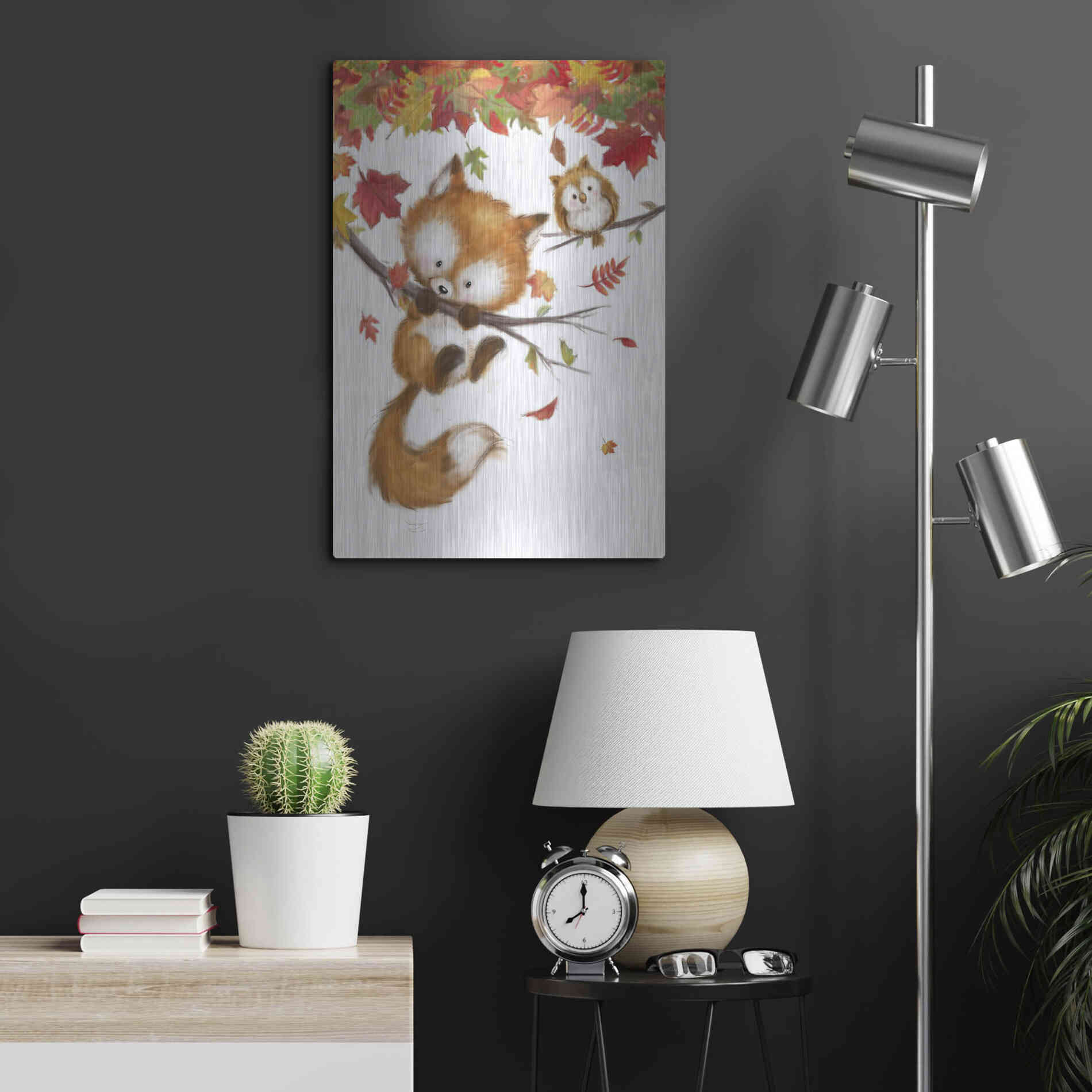 Luxe Metal Art 'Fox and Owl' by Makiko, Metal Wall Art,16x24