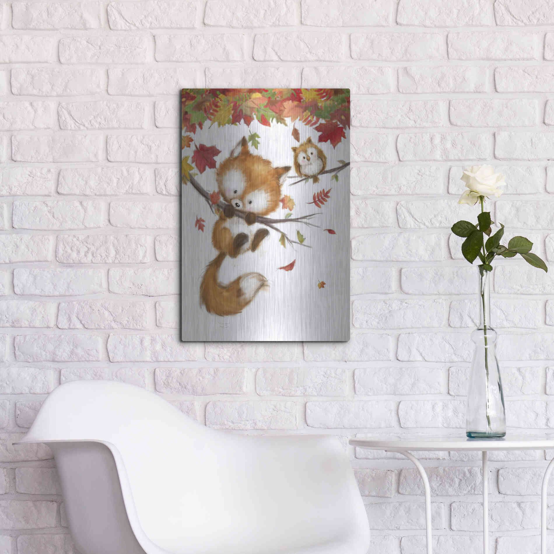 Luxe Metal Art 'Fox and Owl' by Makiko, Metal Wall Art,16x24