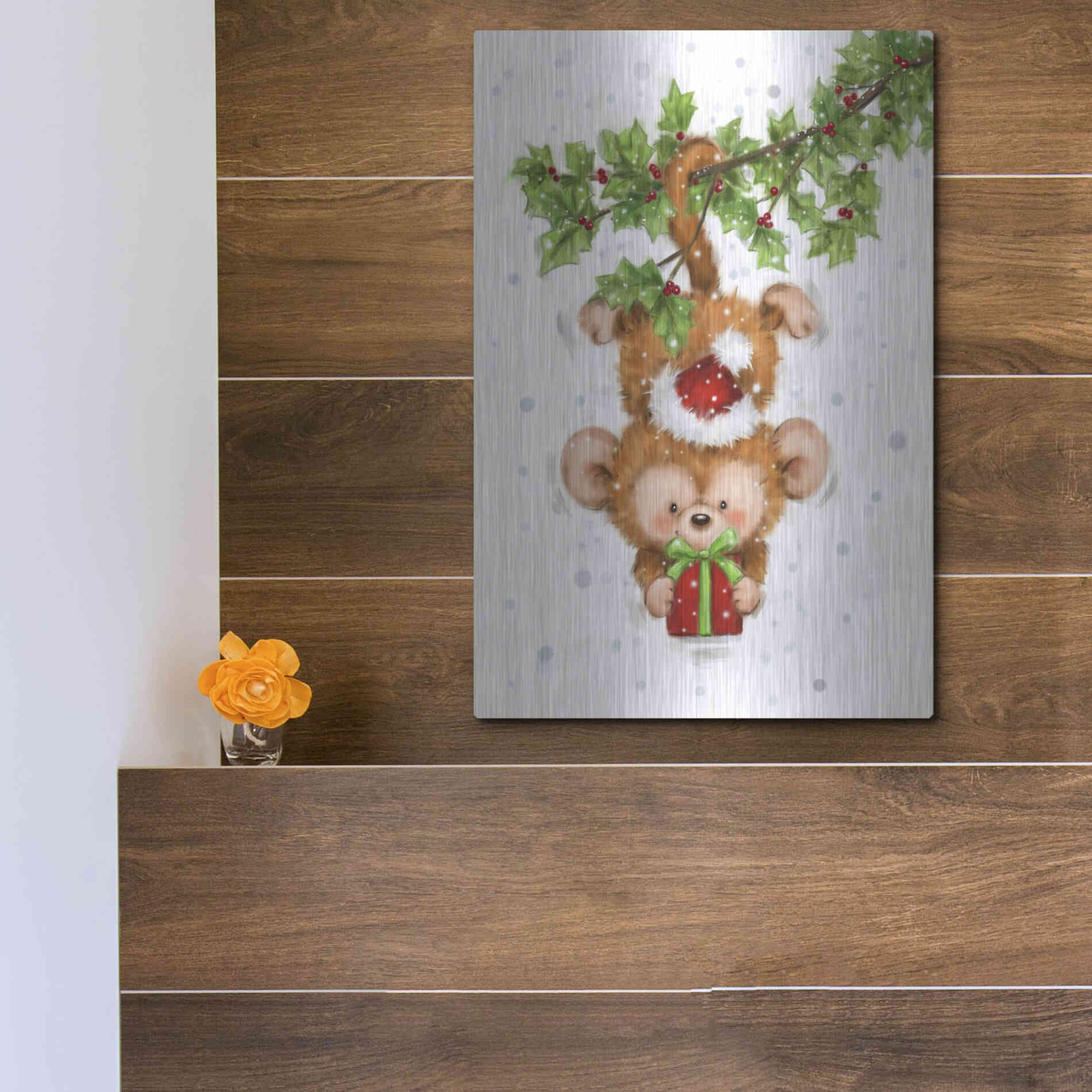 Luxe Metal Art 'Monkey Christmas' by Makiko, Metal Wall Art,12x16