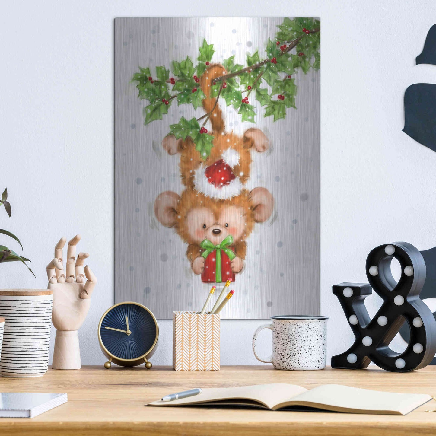 Luxe Metal Art 'Monkey Christmas' by Makiko, Metal Wall Art,12x16