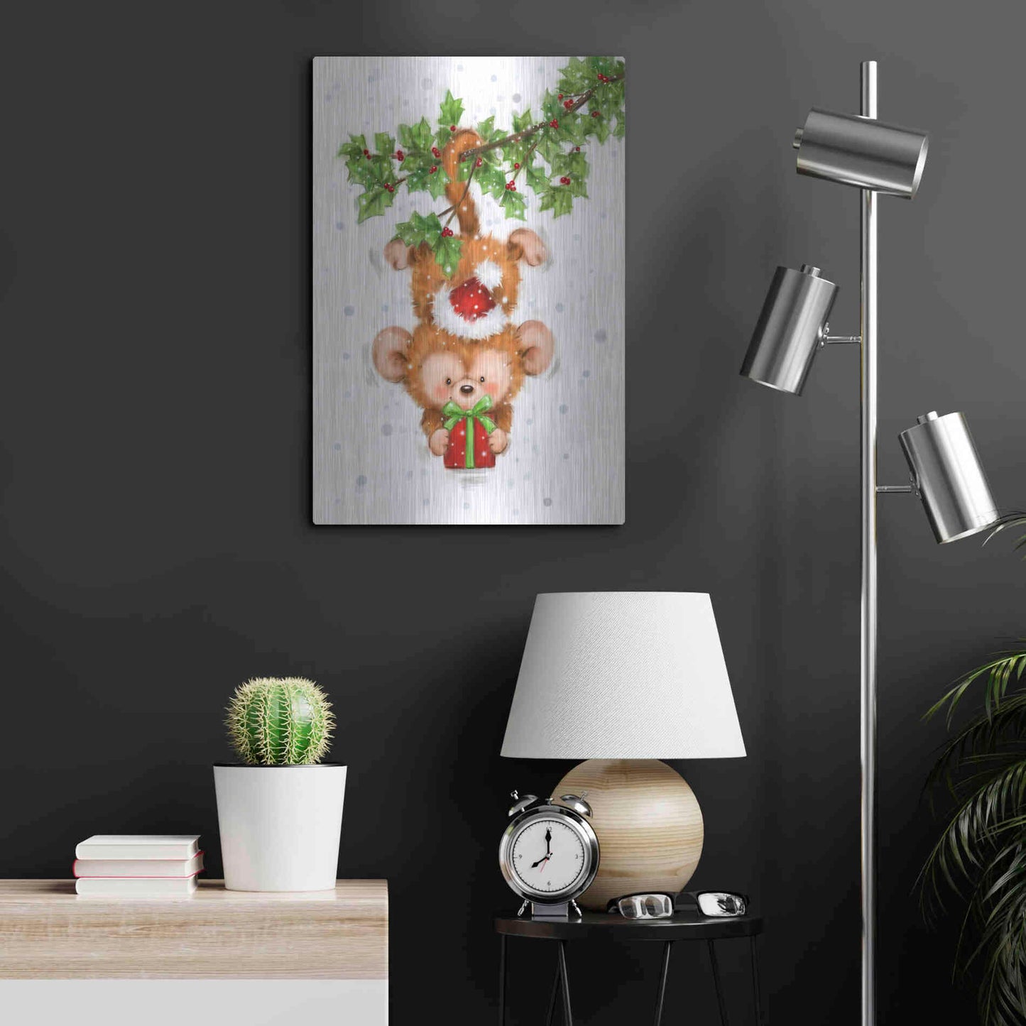 Luxe Metal Art 'Monkey Christmas' by Makiko, Metal Wall Art,16x24