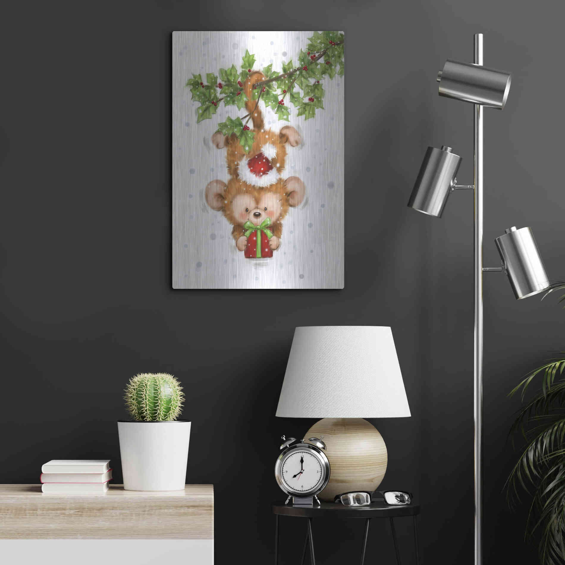 Luxe Metal Art 'Monkey Christmas' by Makiko, Metal Wall Art,16x24