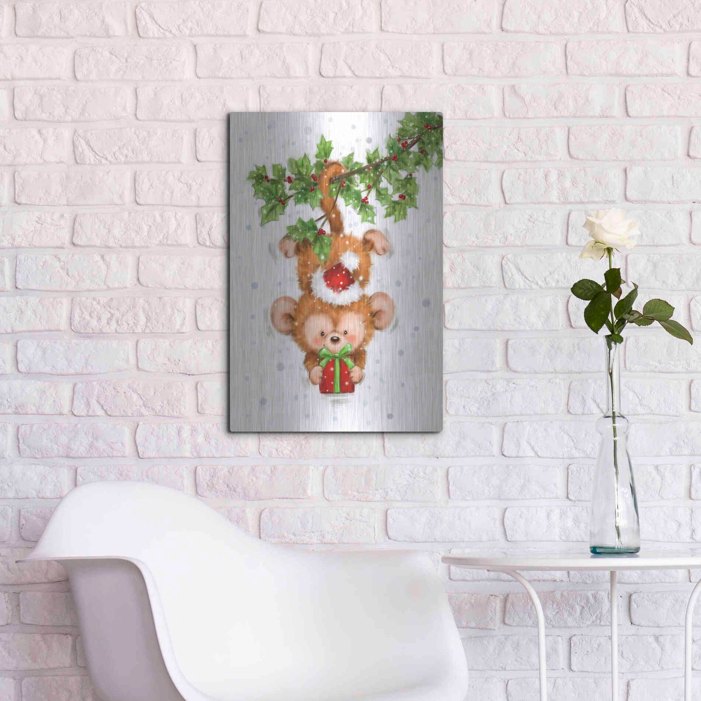 Luxe Metal Art 'Monkey Christmas' by Makiko, Metal Wall Art,16x24