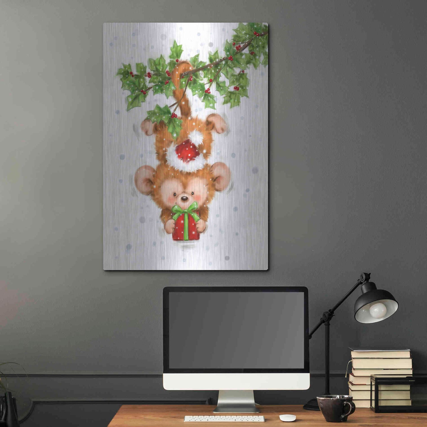 Luxe Metal Art 'Monkey Christmas' by Makiko, Metal Wall Art,24x36