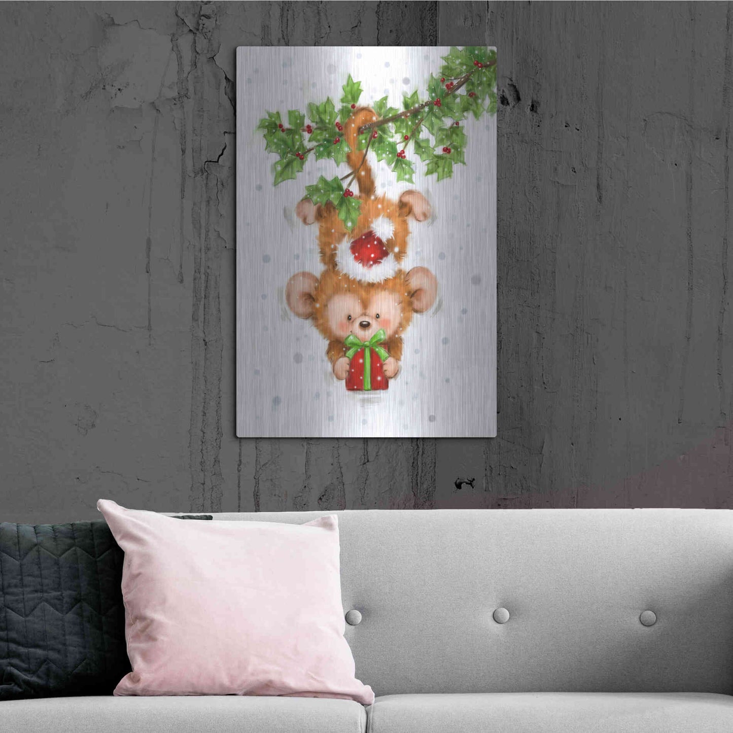 Luxe Metal Art 'Monkey Christmas' by Makiko, Metal Wall Art,24x36