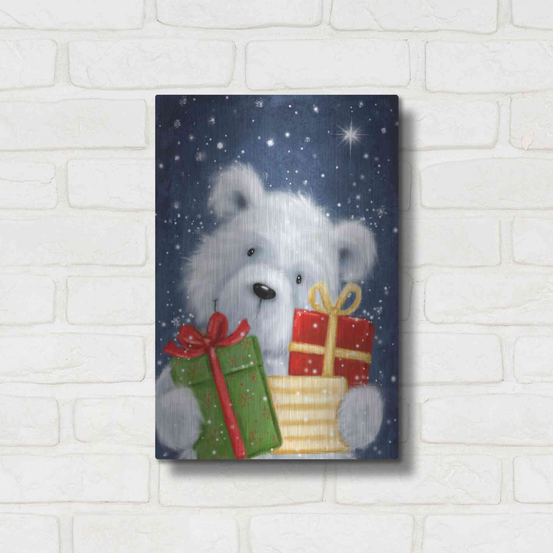 Luxe Metal Art 'Polar Bear and Presents' by Makiko, Metal Wall Art,12x16