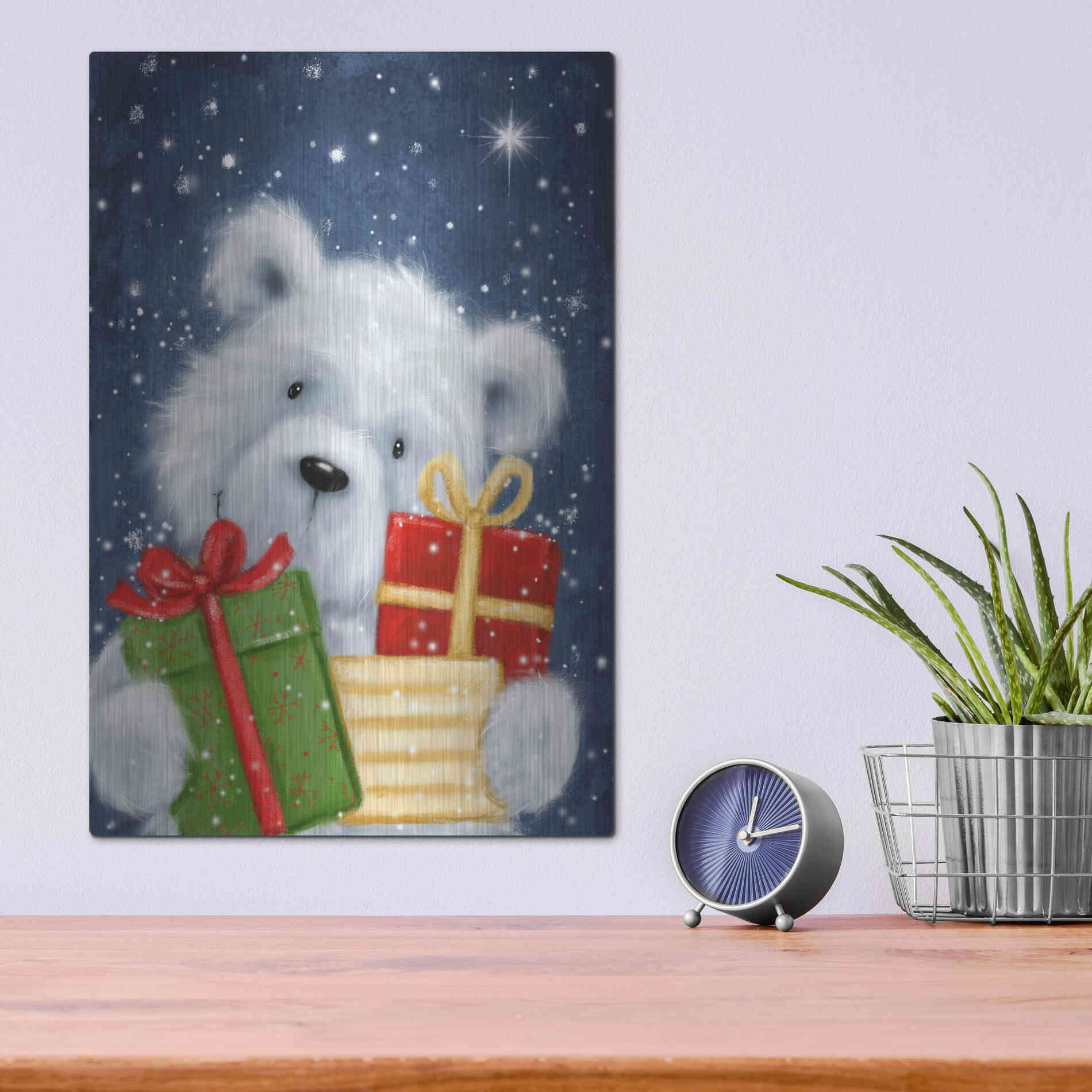 Luxe Metal Art 'Polar Bear and Presents' by Makiko, Metal Wall Art,12x16