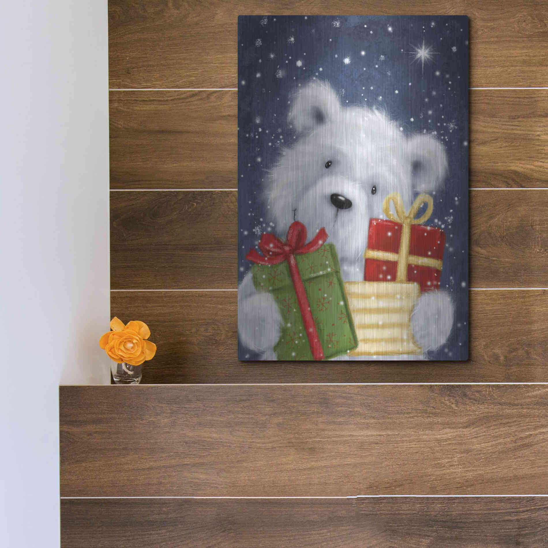 Luxe Metal Art 'Polar Bear and Presents' by Makiko, Metal Wall Art,12x16