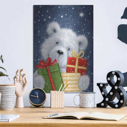 Luxe Metal Art 'Polar Bear and Presents' by Makiko, Metal Wall Art,12x16