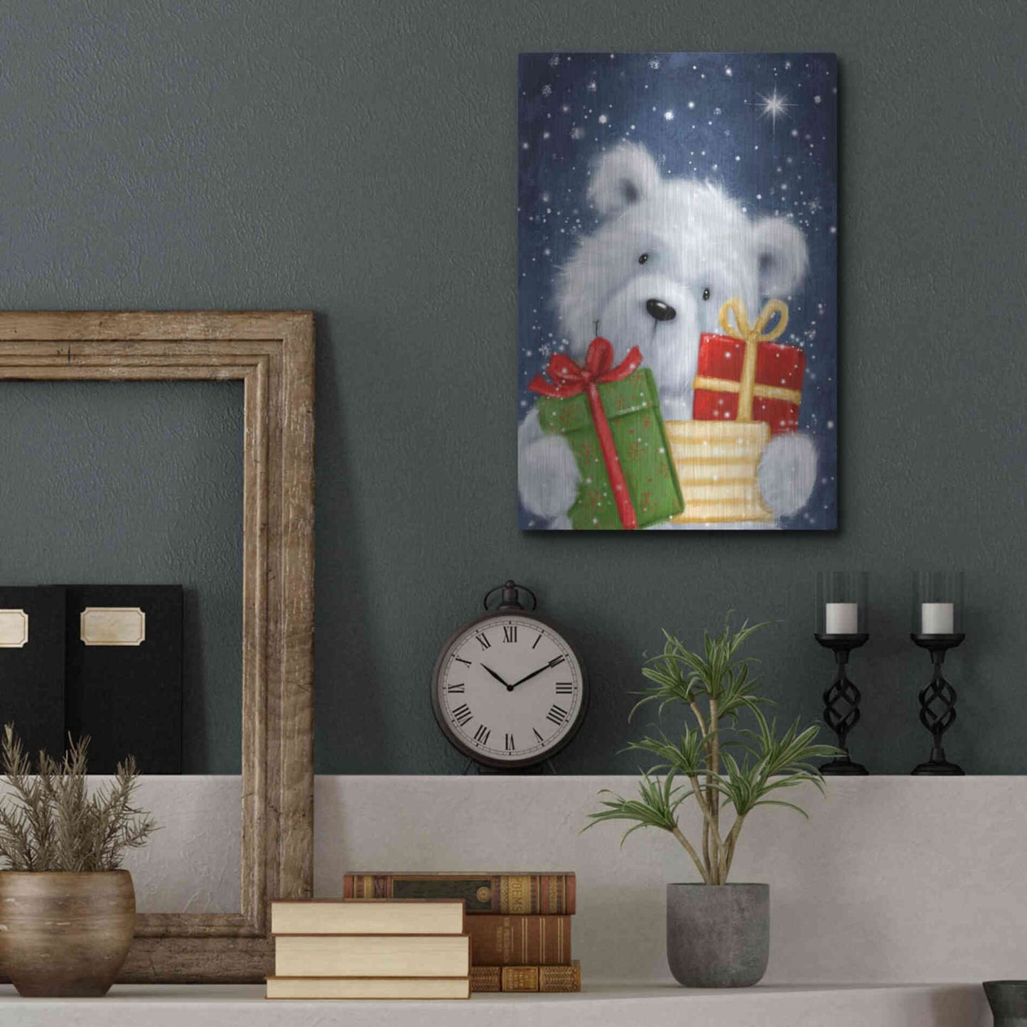 Luxe Metal Art 'Polar Bear and Presents' by Makiko, Metal Wall Art,12x16