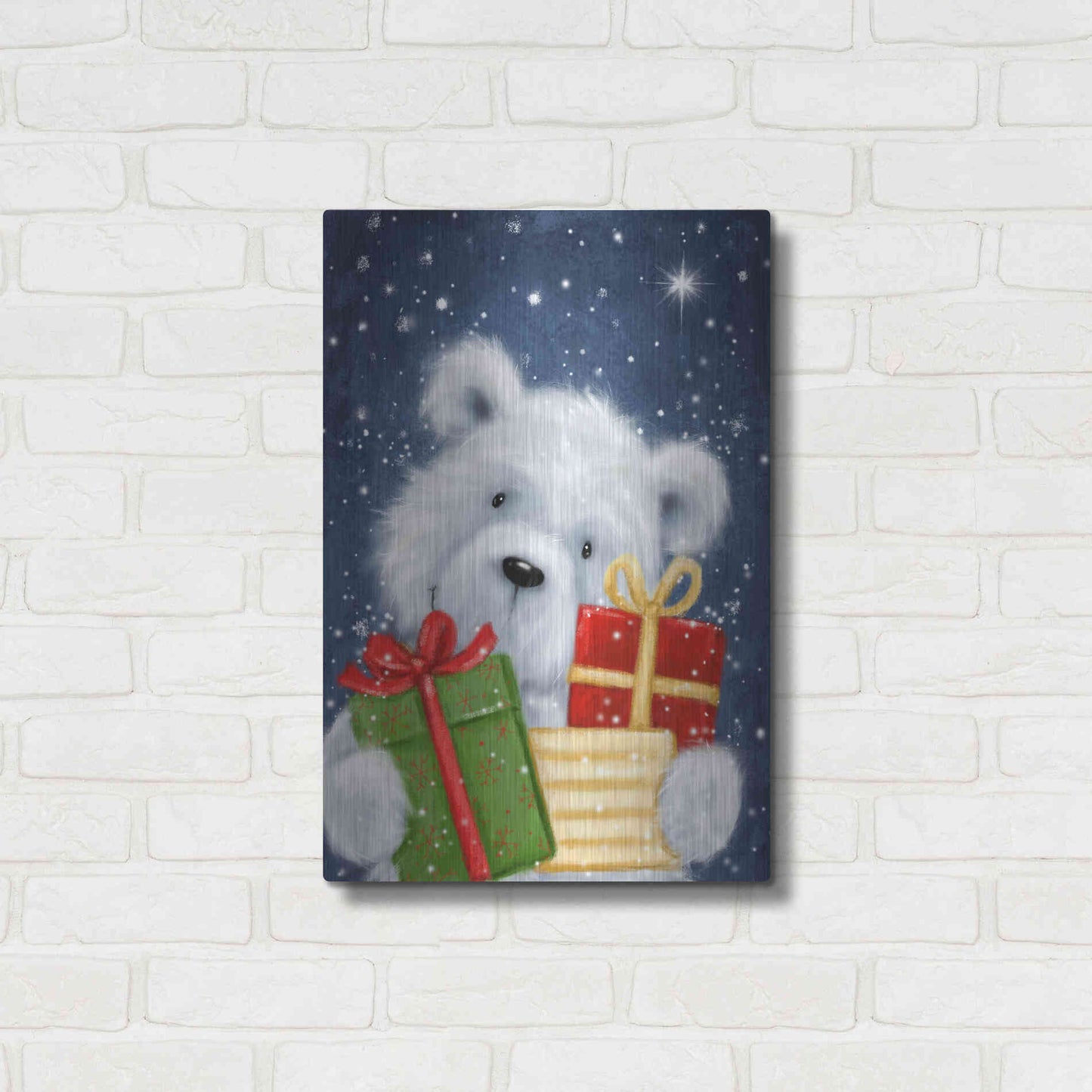 Luxe Metal Art 'Polar Bear and Presents' by Makiko, Metal Wall Art,16x24