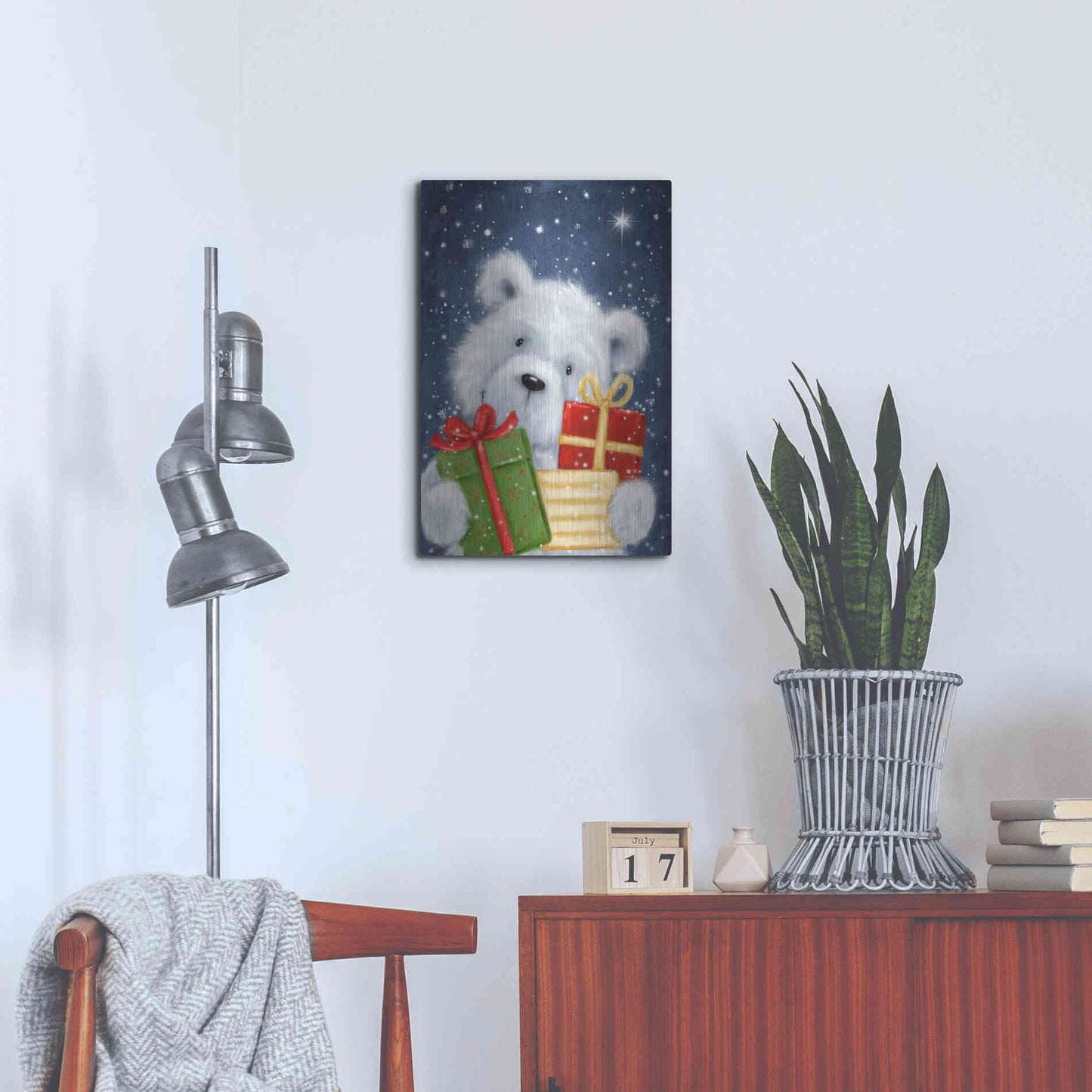 Luxe Metal Art 'Polar Bear and Presents' by Makiko, Metal Wall Art,16x24