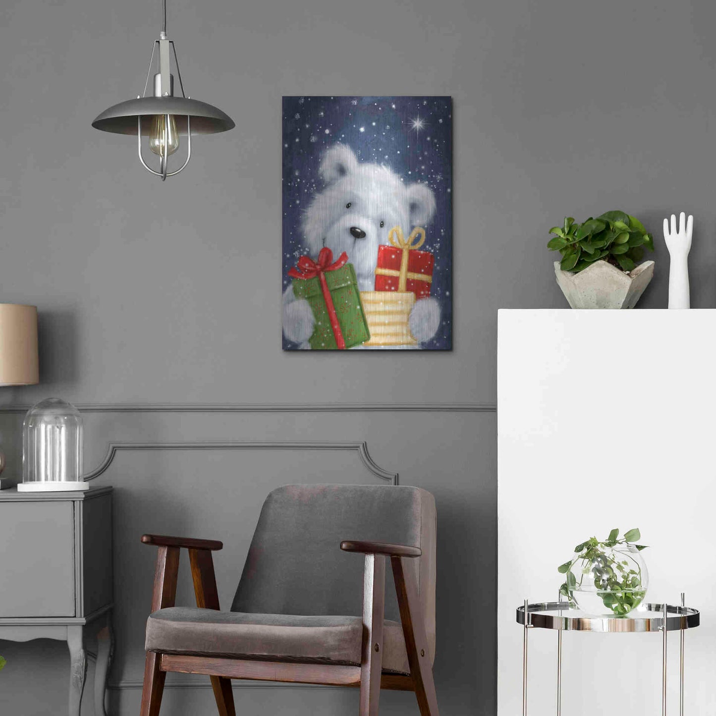 Luxe Metal Art 'Polar Bear and Presents' by Makiko, Metal Wall Art,16x24