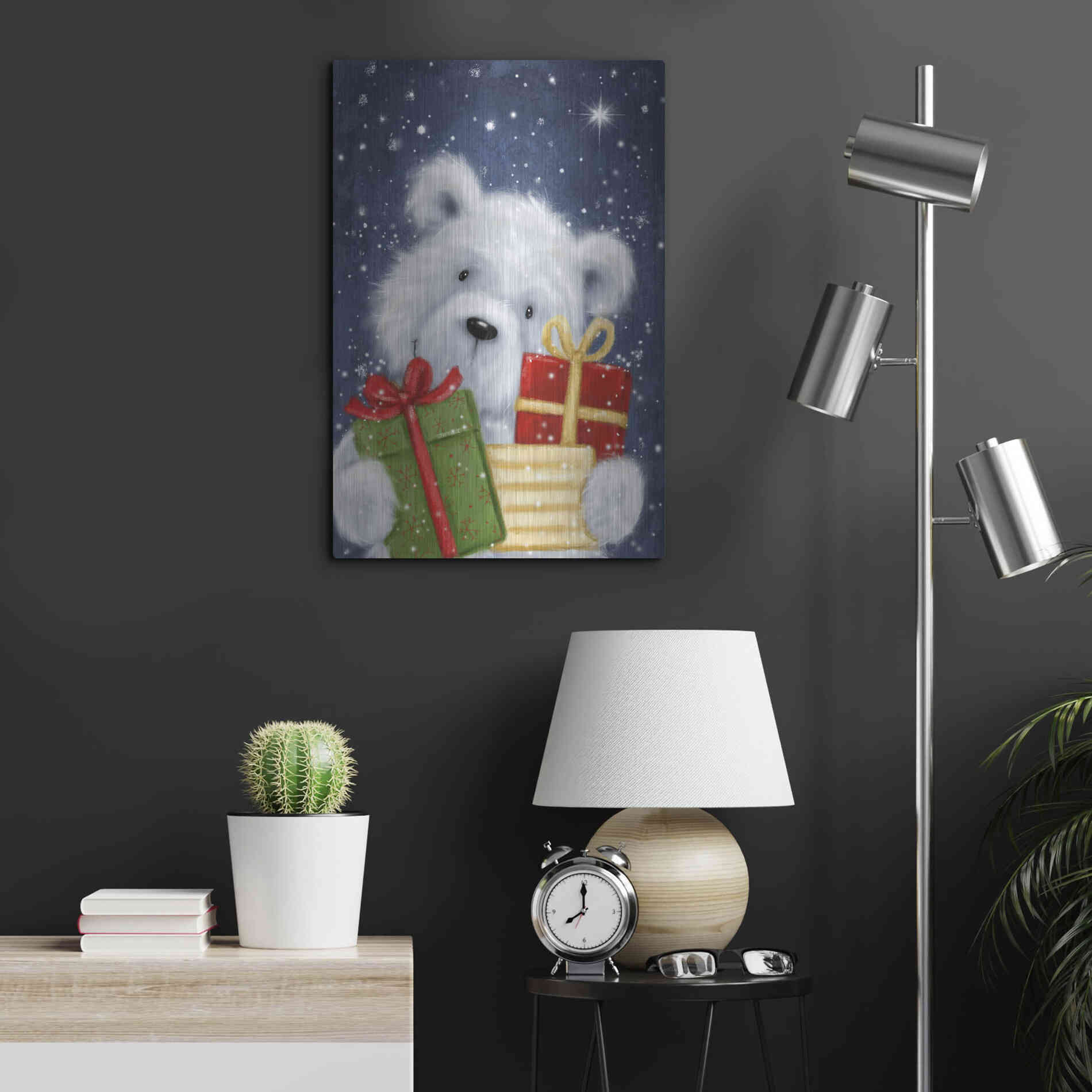 Luxe Metal Art 'Polar Bear and Presents' by Makiko, Metal Wall Art,16x24