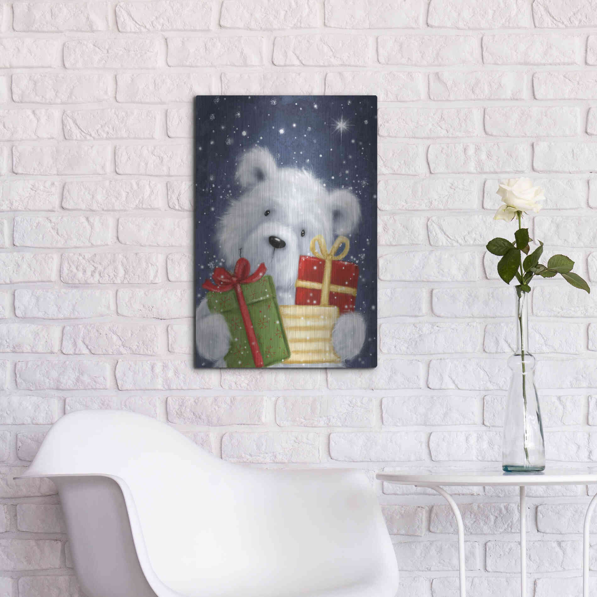 Luxe Metal Art 'Polar Bear and Presents' by Makiko, Metal Wall Art,16x24