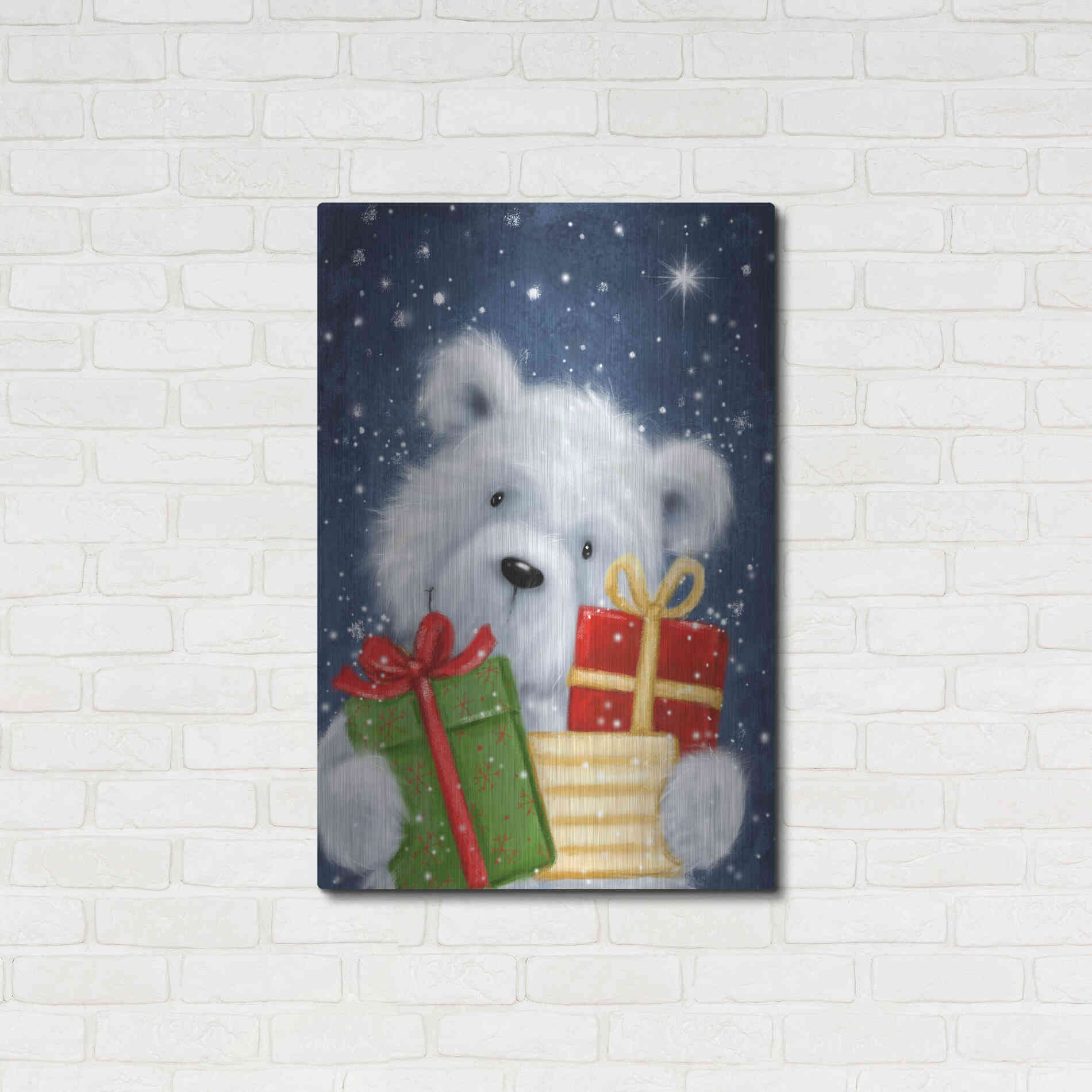 Luxe Metal Art 'Polar Bear and Presents' by Makiko, Metal Wall Art,24x36