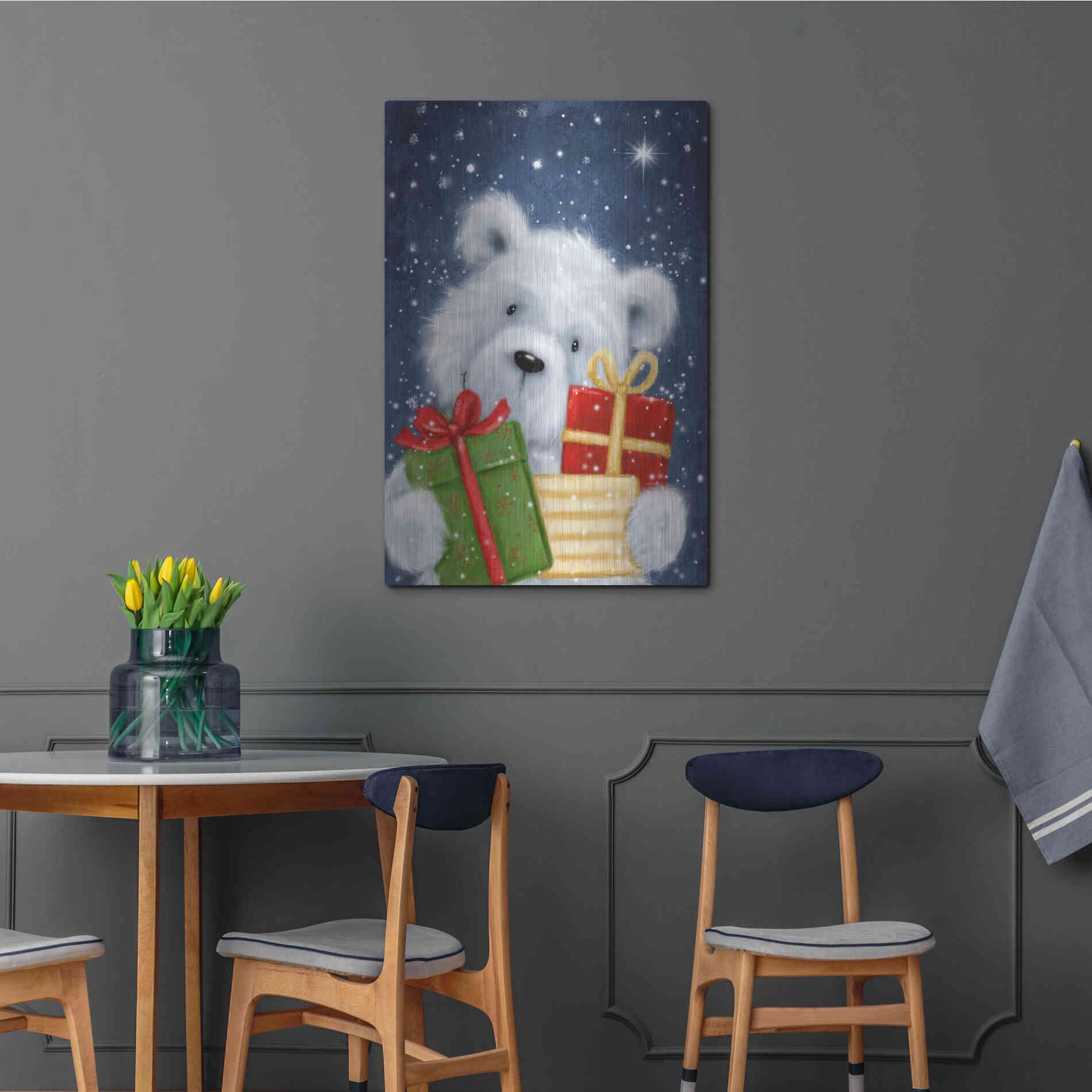 Luxe Metal Art 'Polar Bear and Presents' by Makiko, Metal Wall Art,24x36