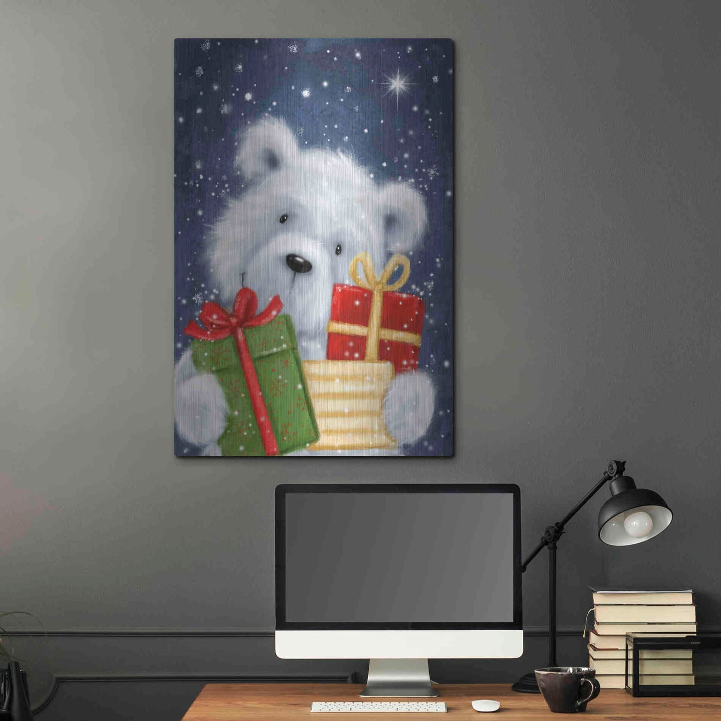 Luxe Metal Art 'Polar Bear and Presents' by Makiko, Metal Wall Art,24x36