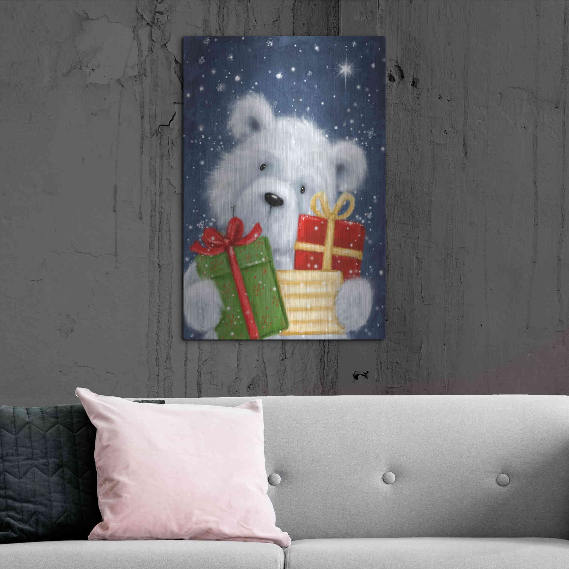 Luxe Metal Art 'Polar Bear and Presents' by Makiko, Metal Wall Art,24x36