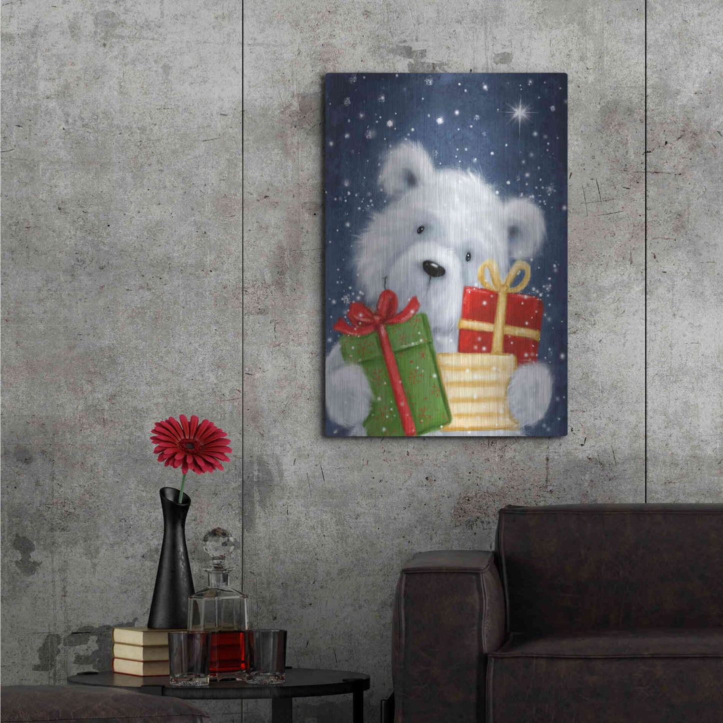 Luxe Metal Art 'Polar Bear and Presents' by Makiko, Metal Wall Art,24x36