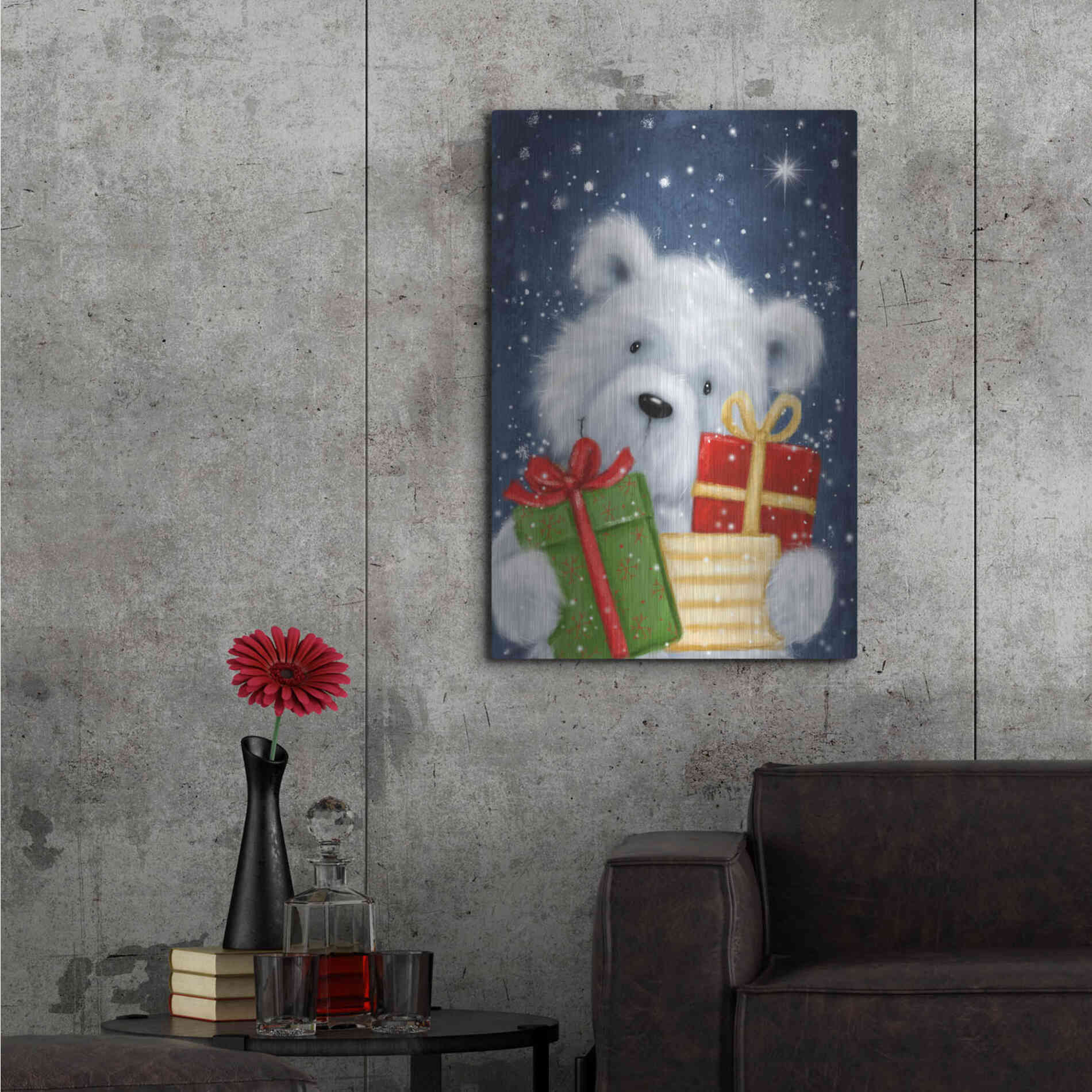 Luxe Metal Art 'Polar Bear and Presents' by Makiko, Metal Wall Art,24x36
