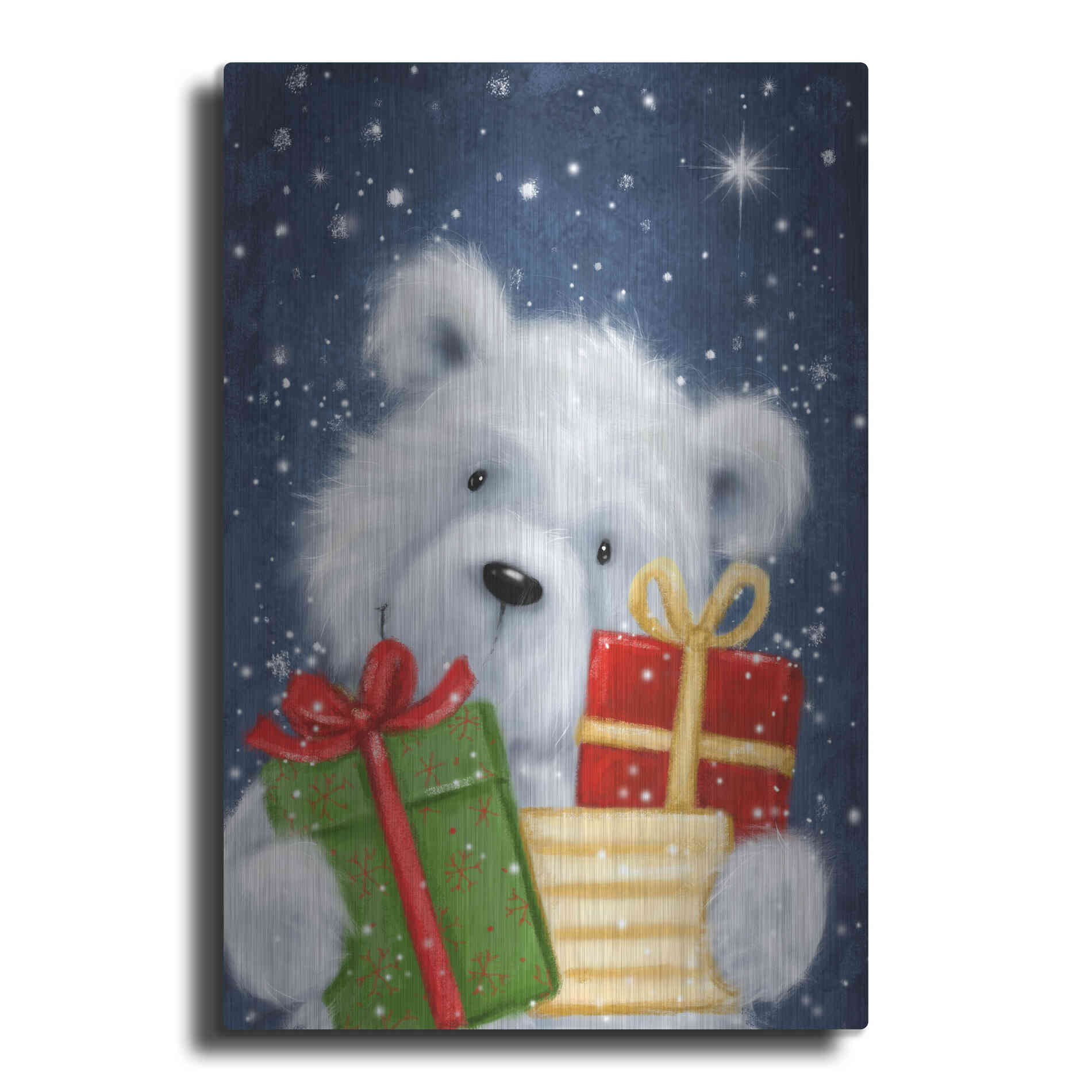 Luxe Metal Art 'Polar Bear and Presents' by Makiko, Metal Wall Art
