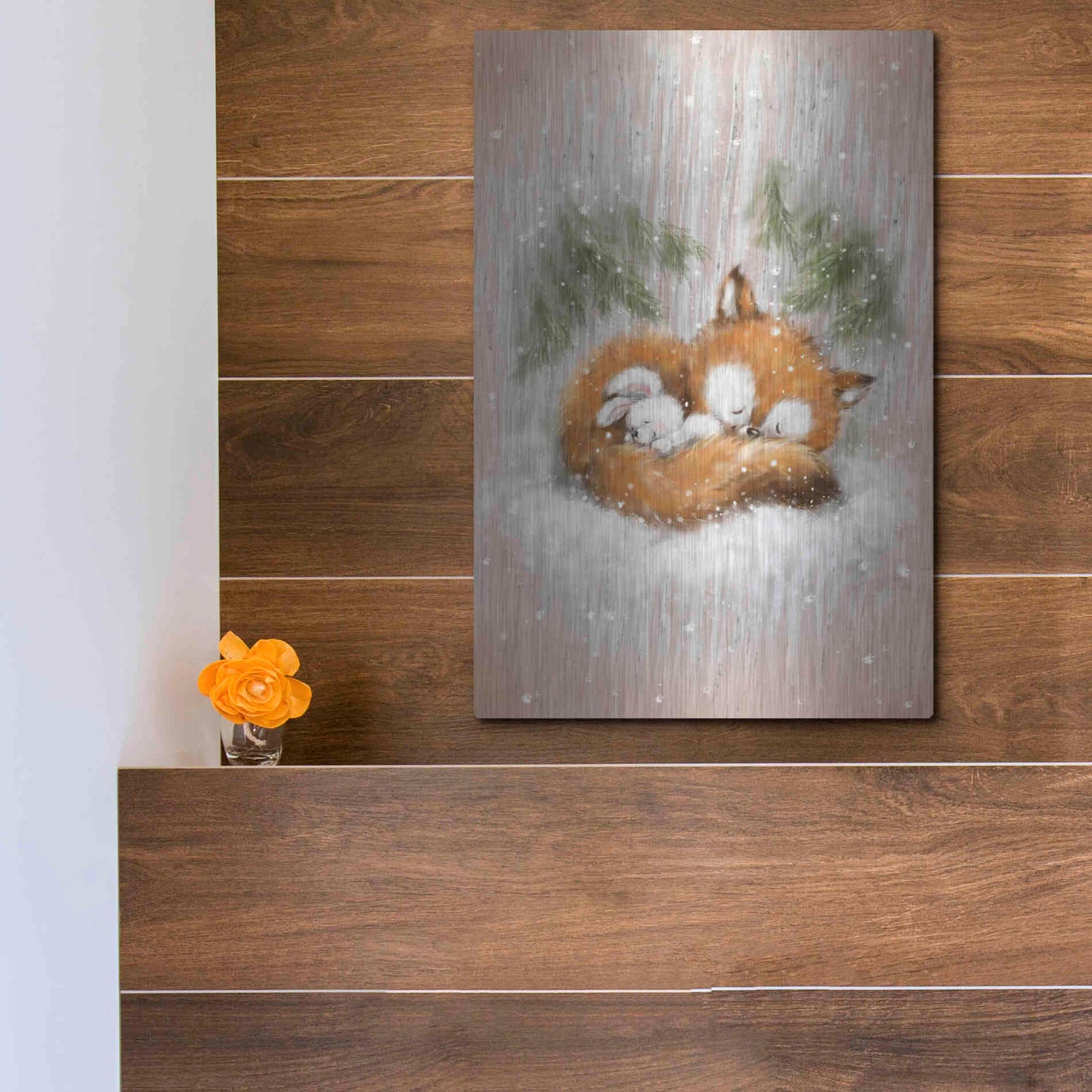 Luxe Metal Art 'Fox and Rabbit 2' by Makiko, Metal Wall Art,12x16