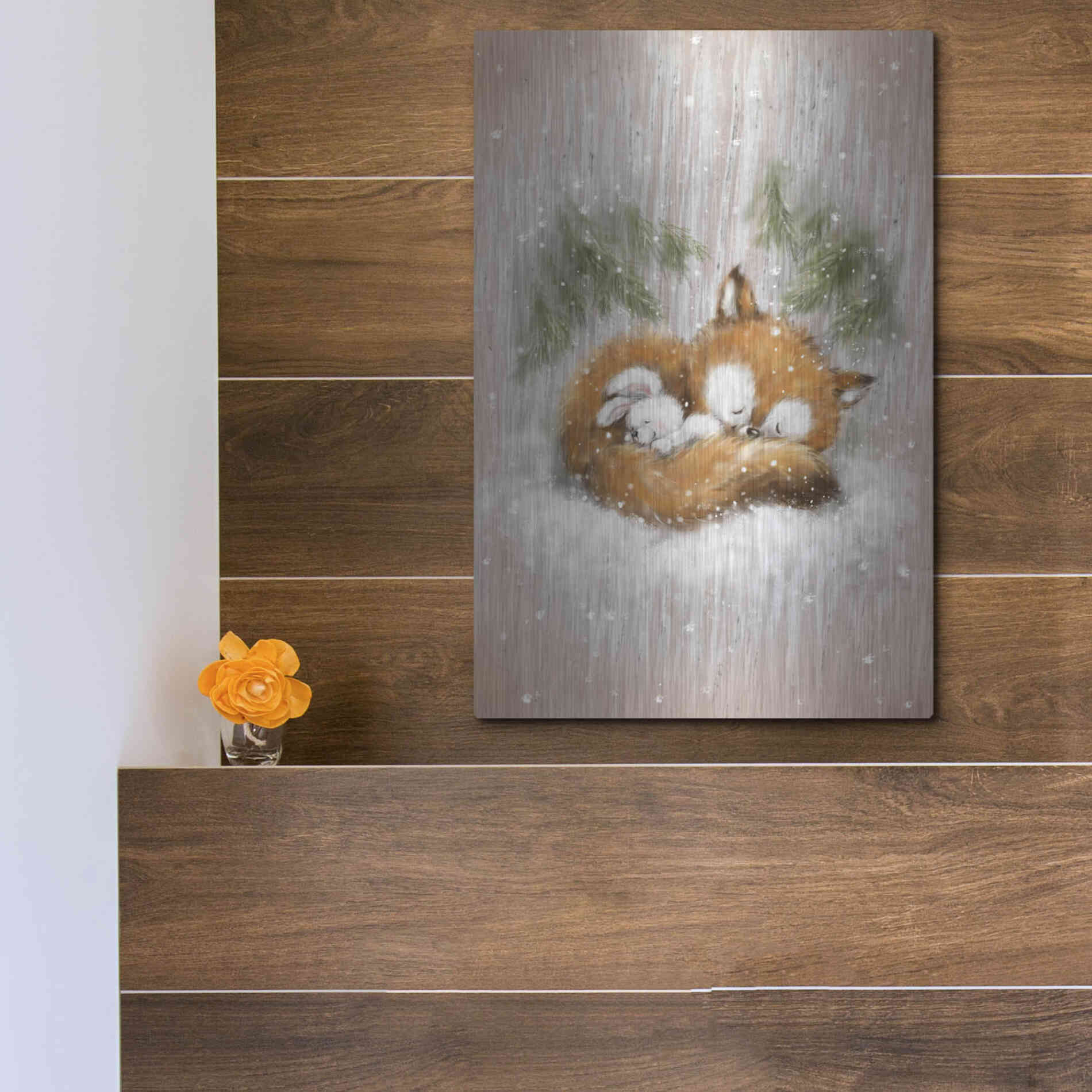 Luxe Metal Art 'Fox and Rabbit 2' by Makiko, Metal Wall Art,12x16