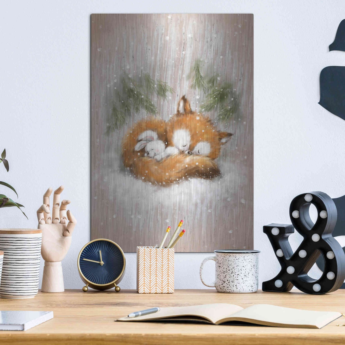 Luxe Metal Art 'Fox and Rabbit 2' by Makiko, Metal Wall Art,12x16