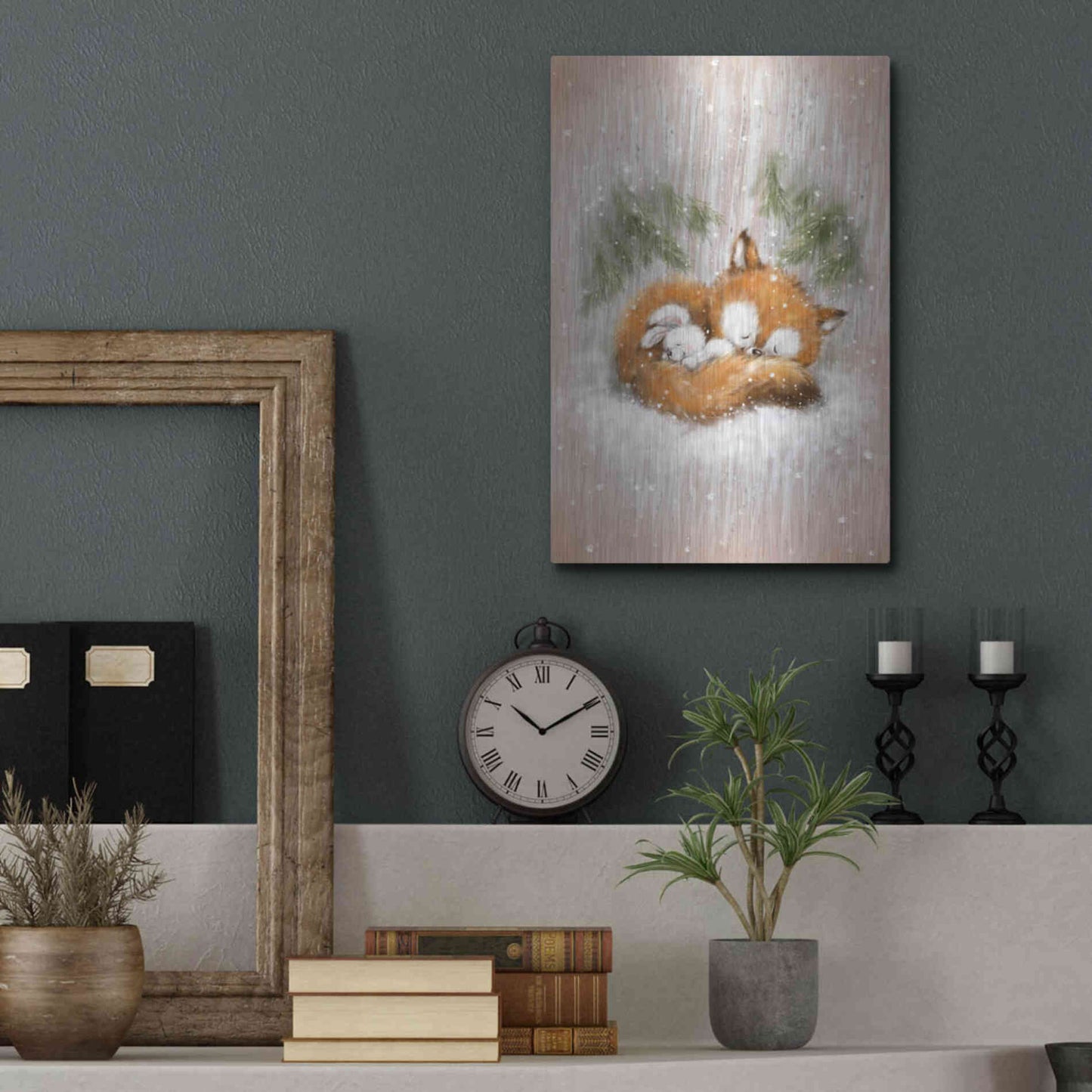 Luxe Metal Art 'Fox and Rabbit 2' by Makiko, Metal Wall Art,12x16