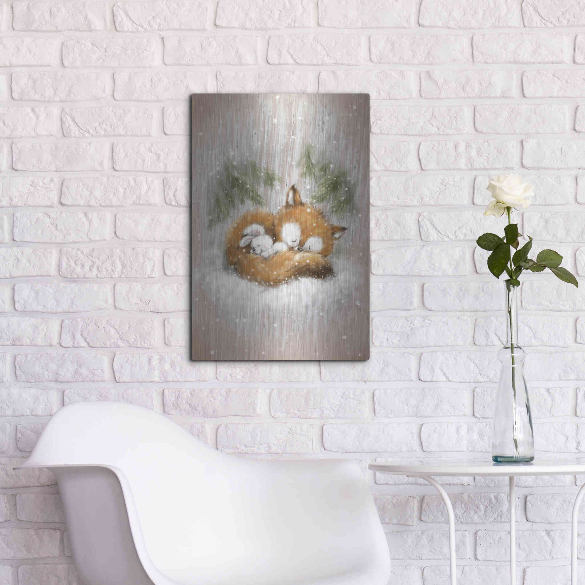 Luxe Metal Art 'Fox and Rabbit 2' by Makiko, Metal Wall Art,16x24