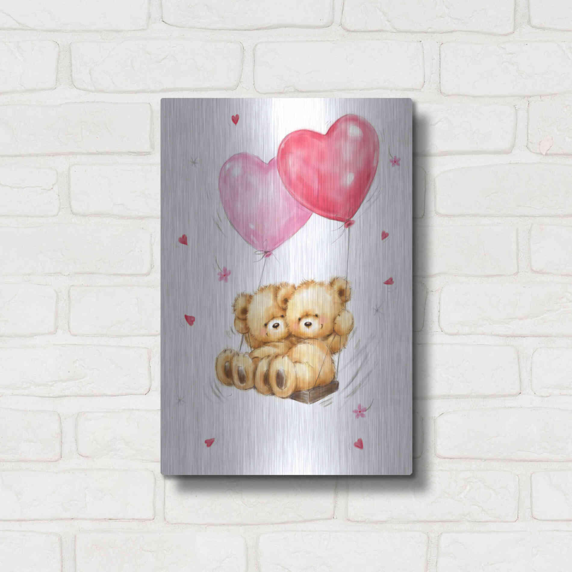 Luxe Metal Art 'Two Bears on Heart Swing' by Makiko, Metal Wall Art,12x16