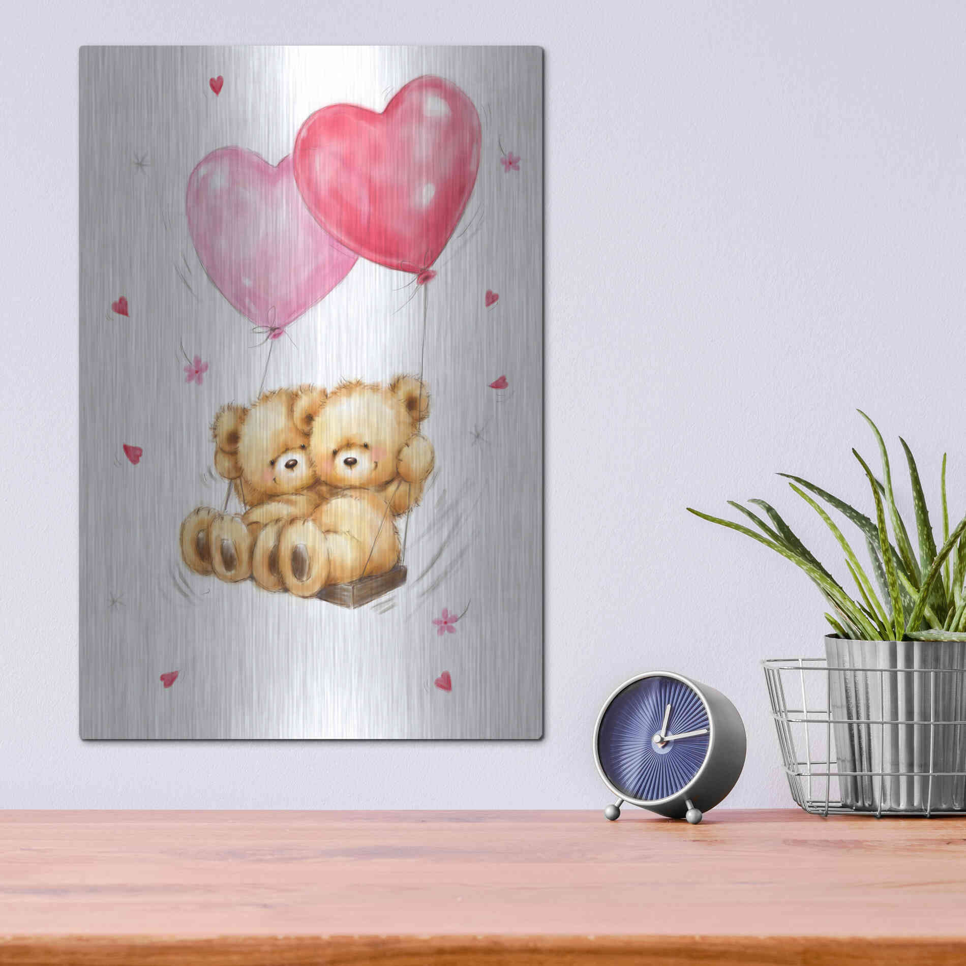 Luxe Metal Art 'Two Bears on Heart Swing' by Makiko, Metal Wall Art,12x16
