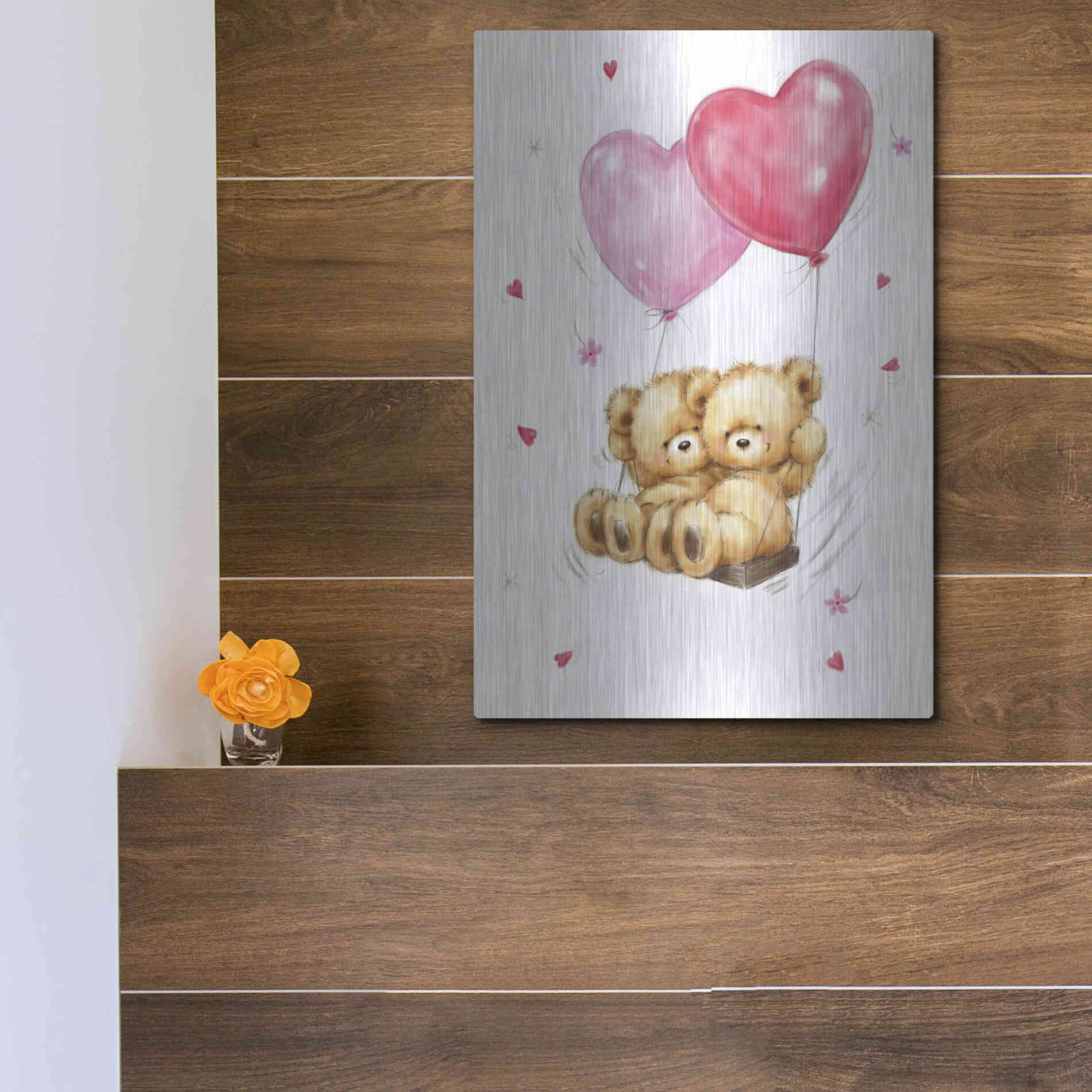 Luxe Metal Art 'Two Bears on Heart Swing' by Makiko, Metal Wall Art,12x16