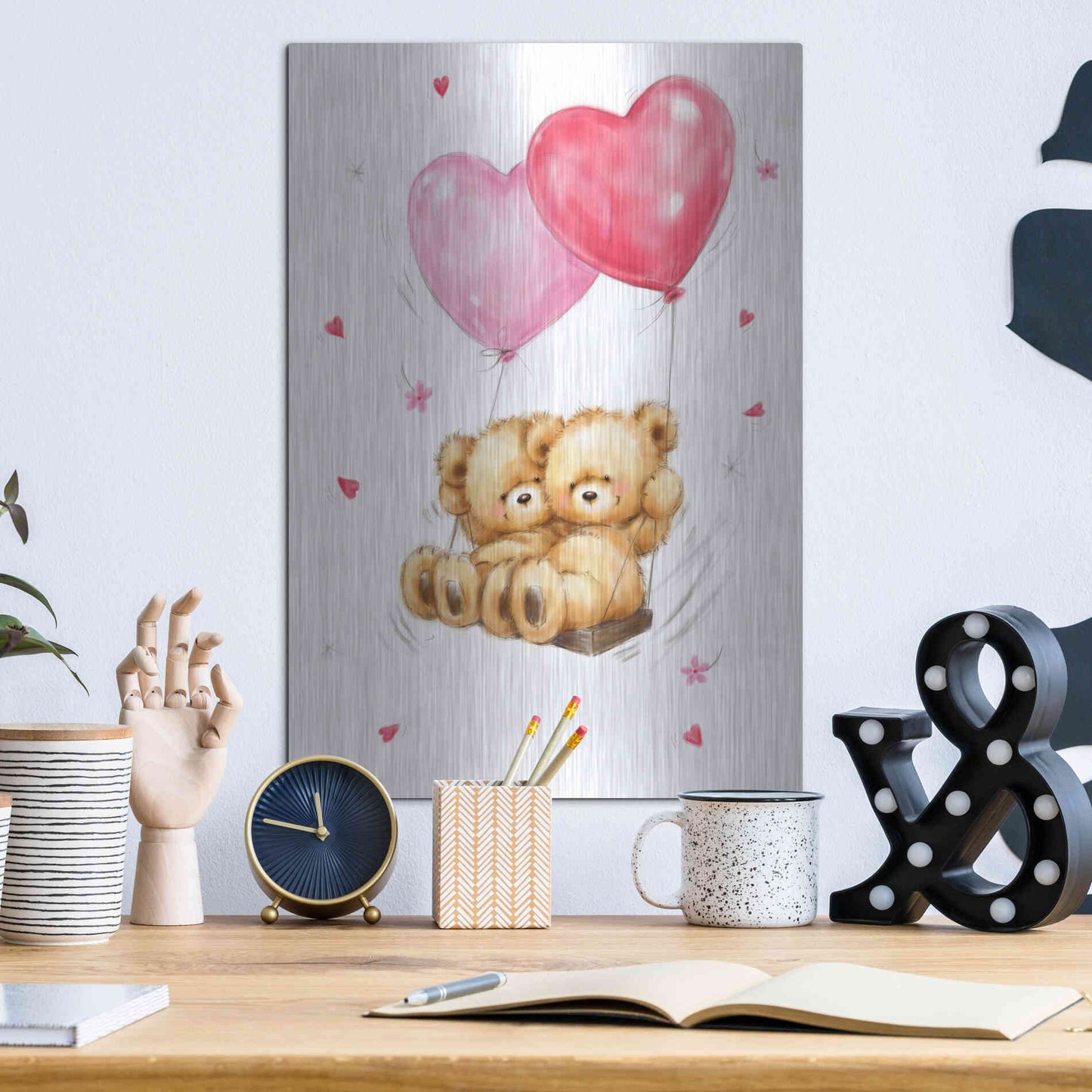 Luxe Metal Art 'Two Bears on Heart Swing' by Makiko, Metal Wall Art,12x16