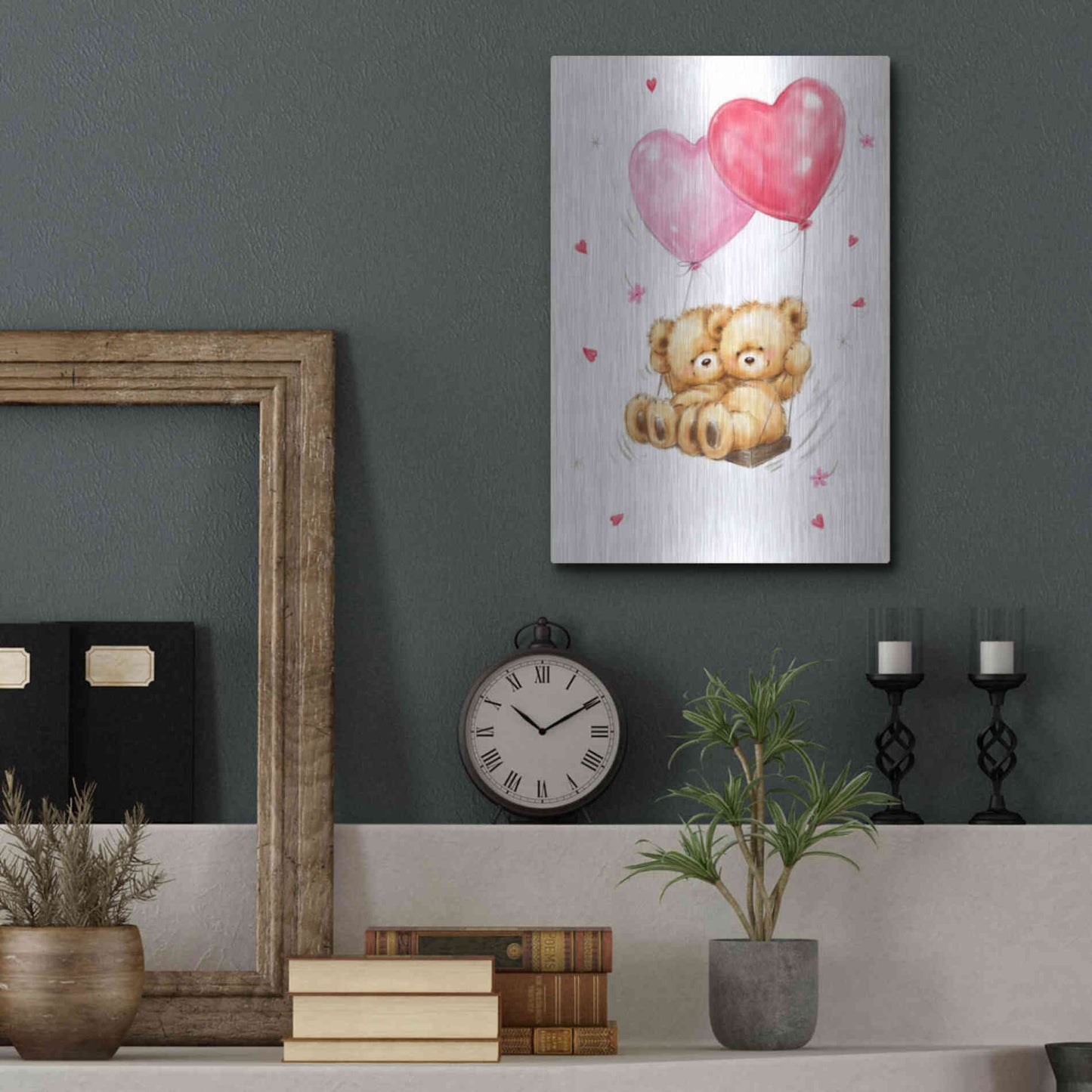 Luxe Metal Art 'Two Bears on Heart Swing' by Makiko, Metal Wall Art,12x16