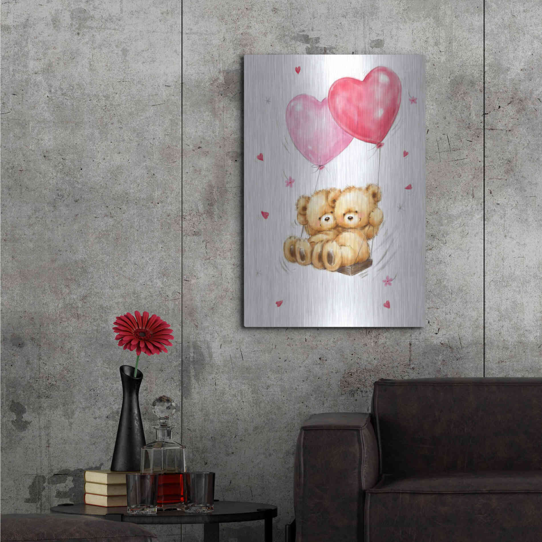 Luxe Metal Art 'Two Bears on Heart Swing' by Makiko, Metal Wall Art,24x36