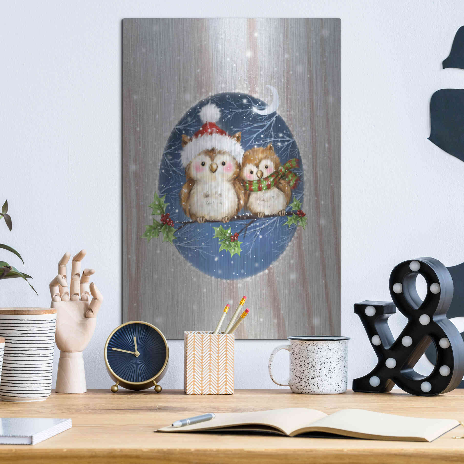 Luxe Metal Art 'Two Owls' by Makiko, Metal Wall Art,12x16