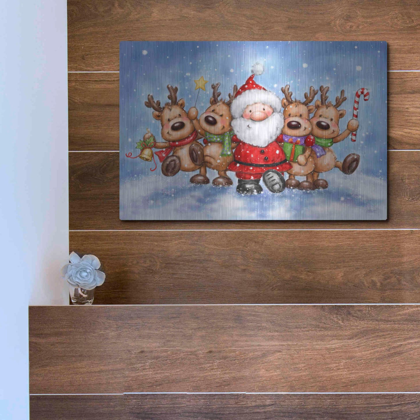 Luxe Metal Art 'Santa With Reindeers' by Makiko, Metal Wall Art,16x12