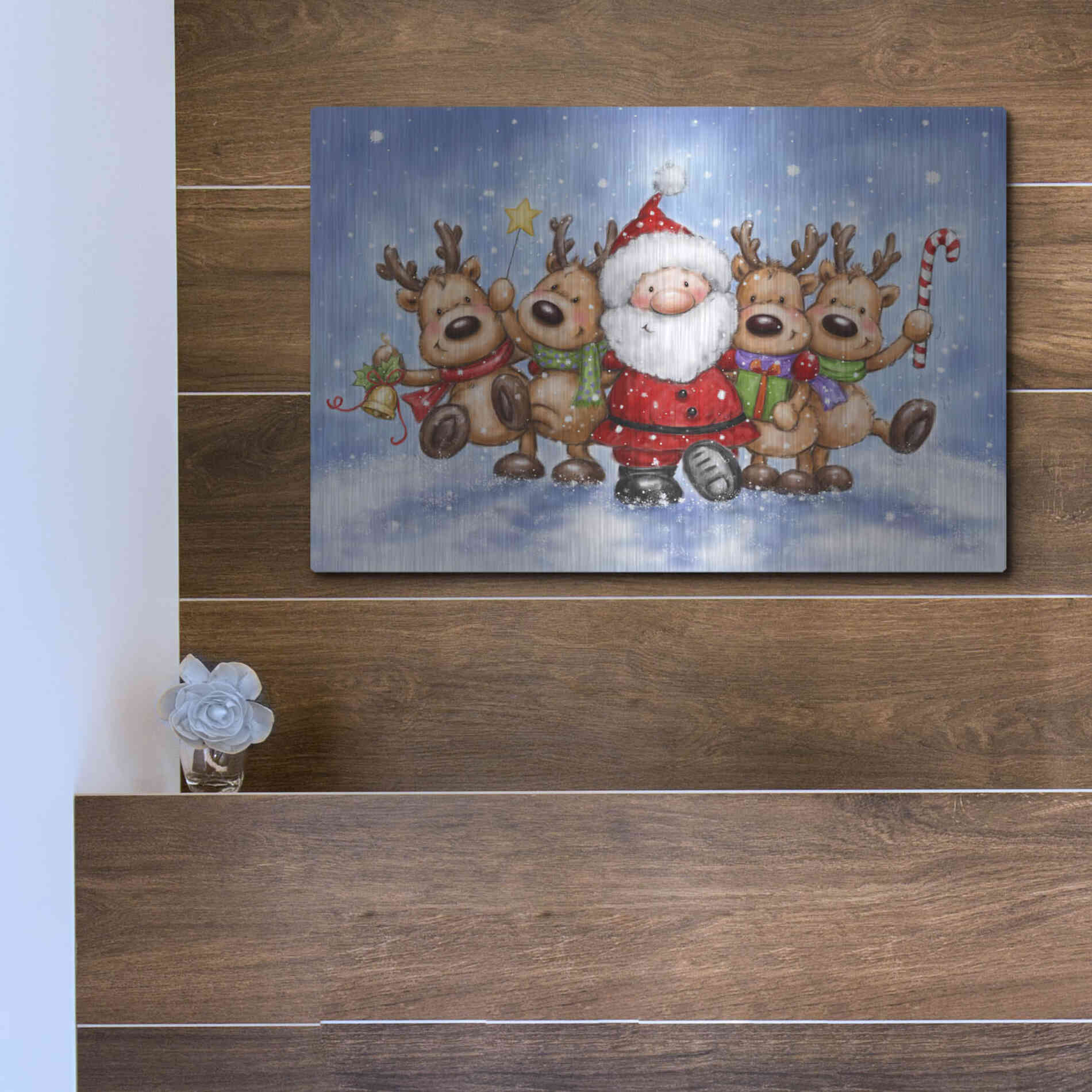 Luxe Metal Art 'Santa With Reindeers' by Makiko, Metal Wall Art,16x12