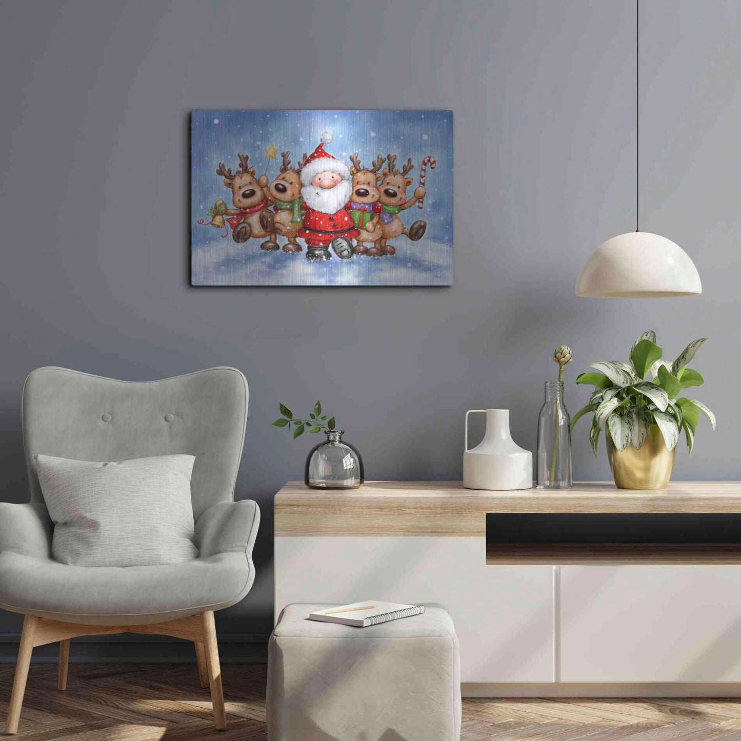 Luxe Metal Art 'Santa With Reindeers' by Makiko, Metal Wall Art,24x16