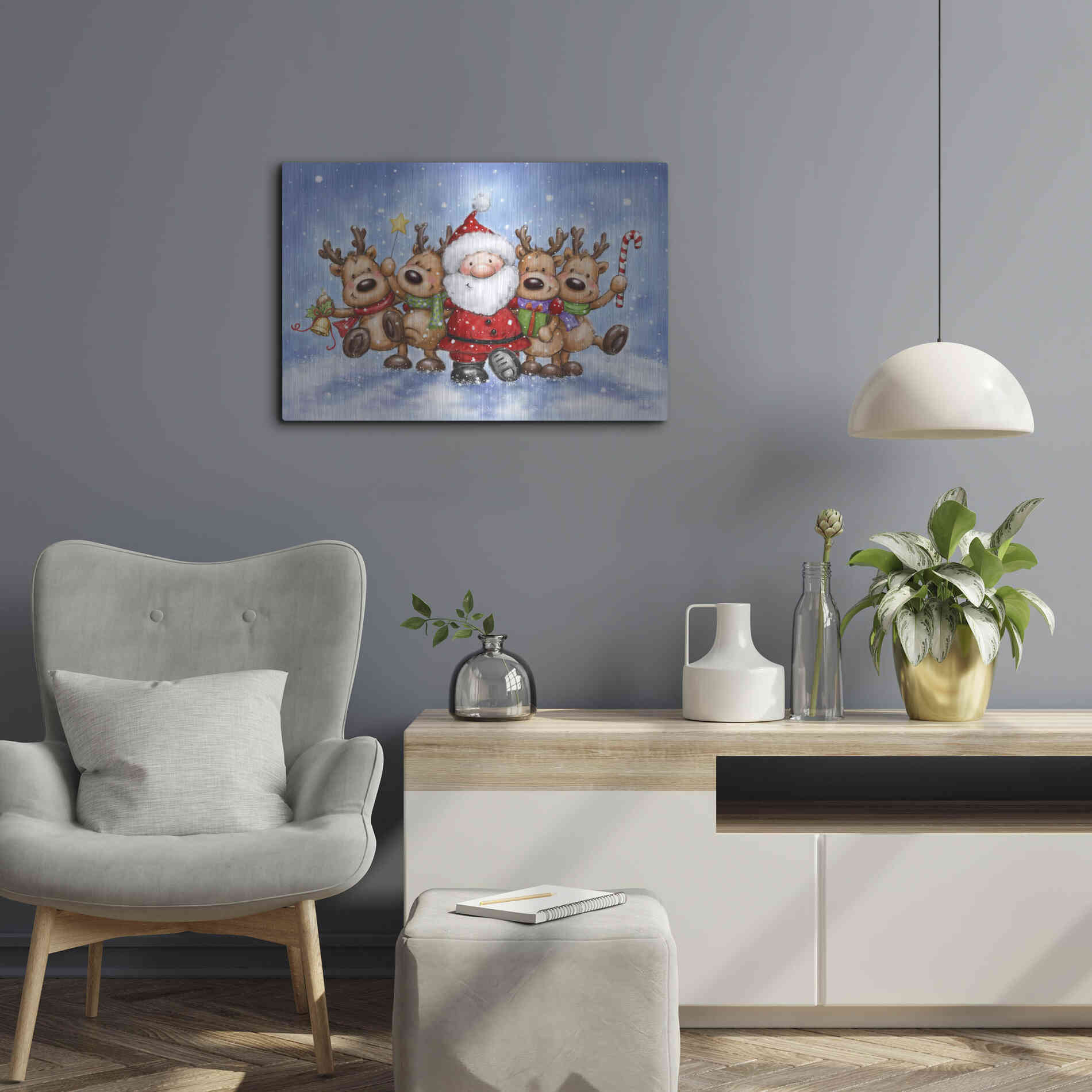 Luxe Metal Art 'Santa With Reindeers' by Makiko, Metal Wall Art,24x16