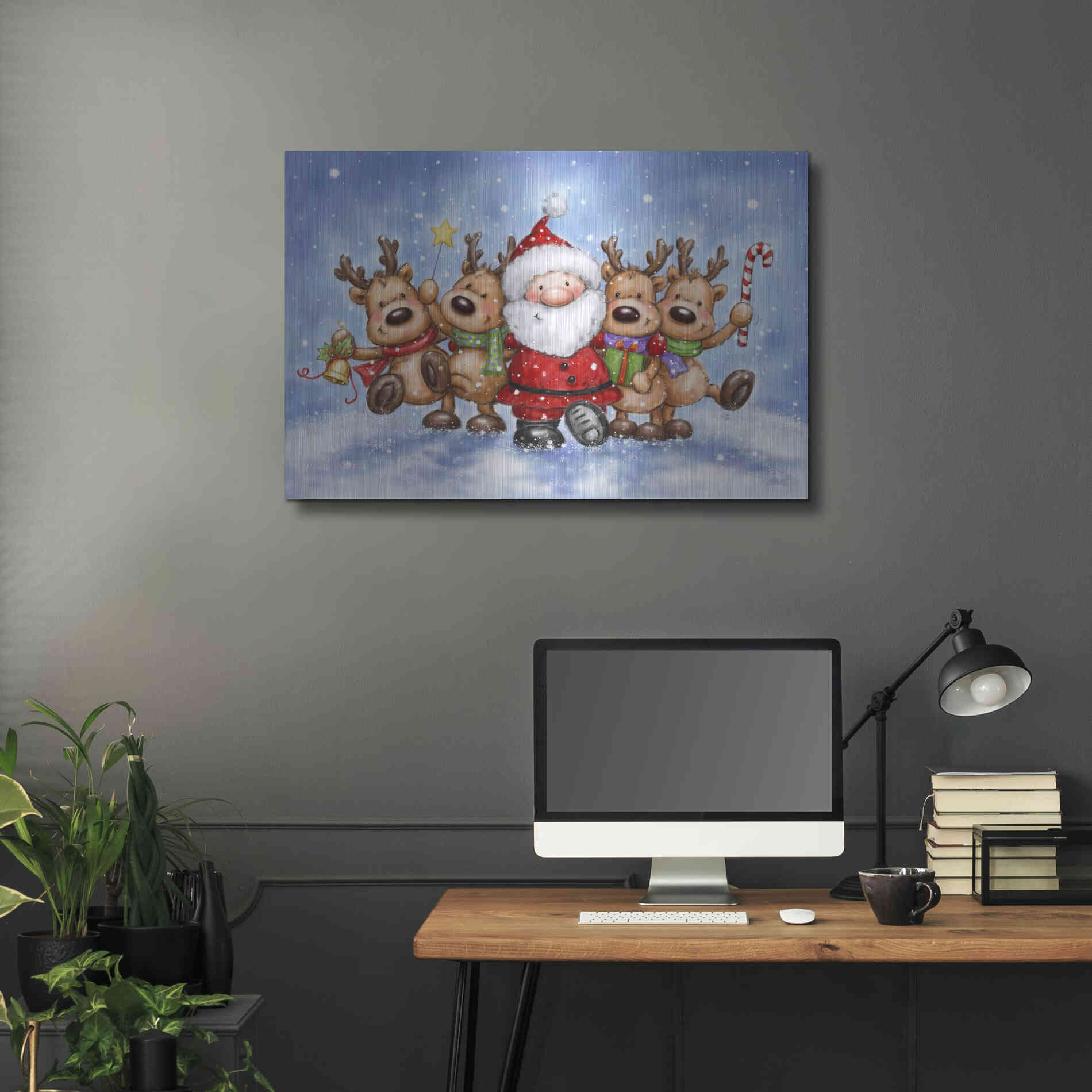 Luxe Metal Art 'Santa With Reindeers' by Makiko, Metal Wall Art,36x24