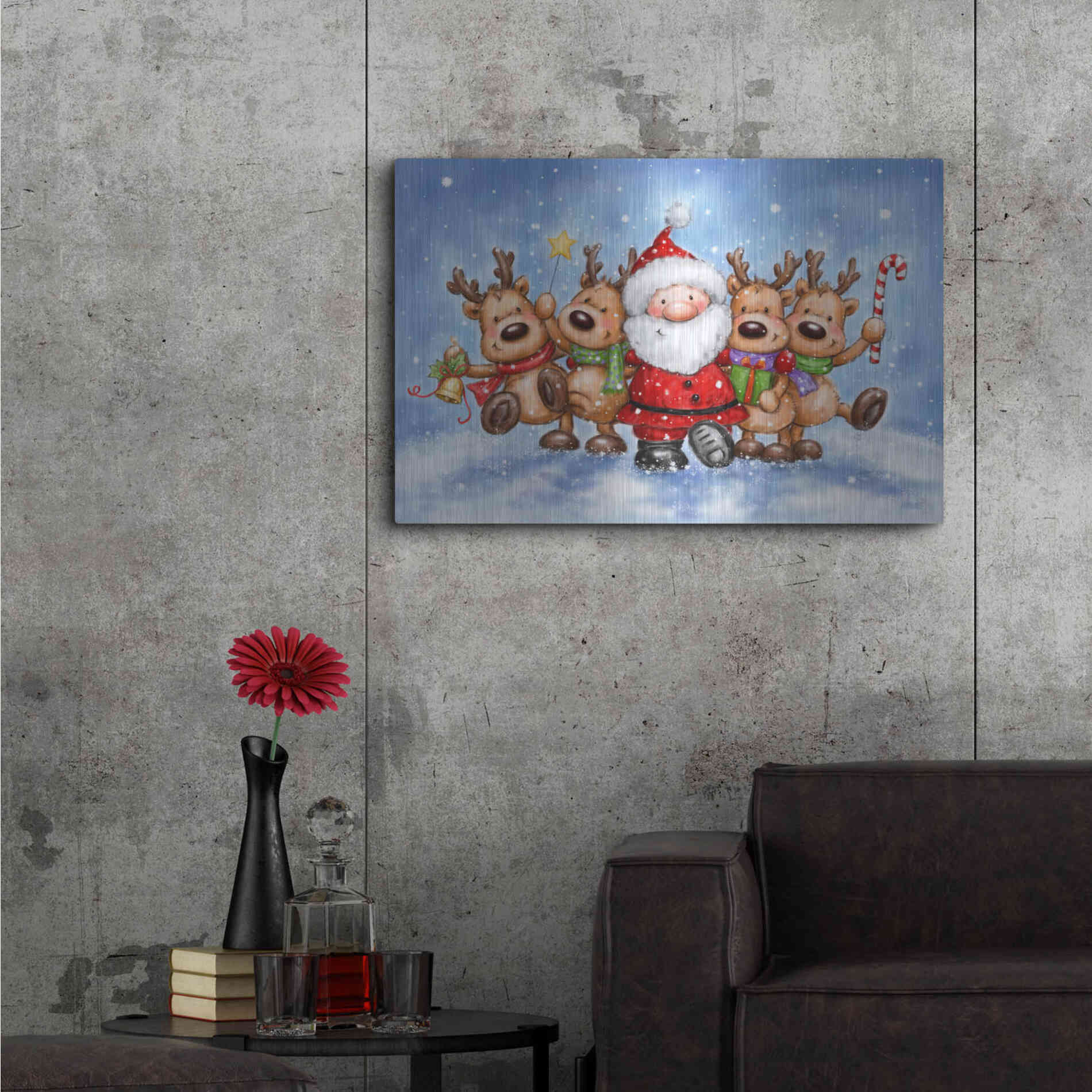 Luxe Metal Art 'Santa With Reindeers' by Makiko, Metal Wall Art,36x24