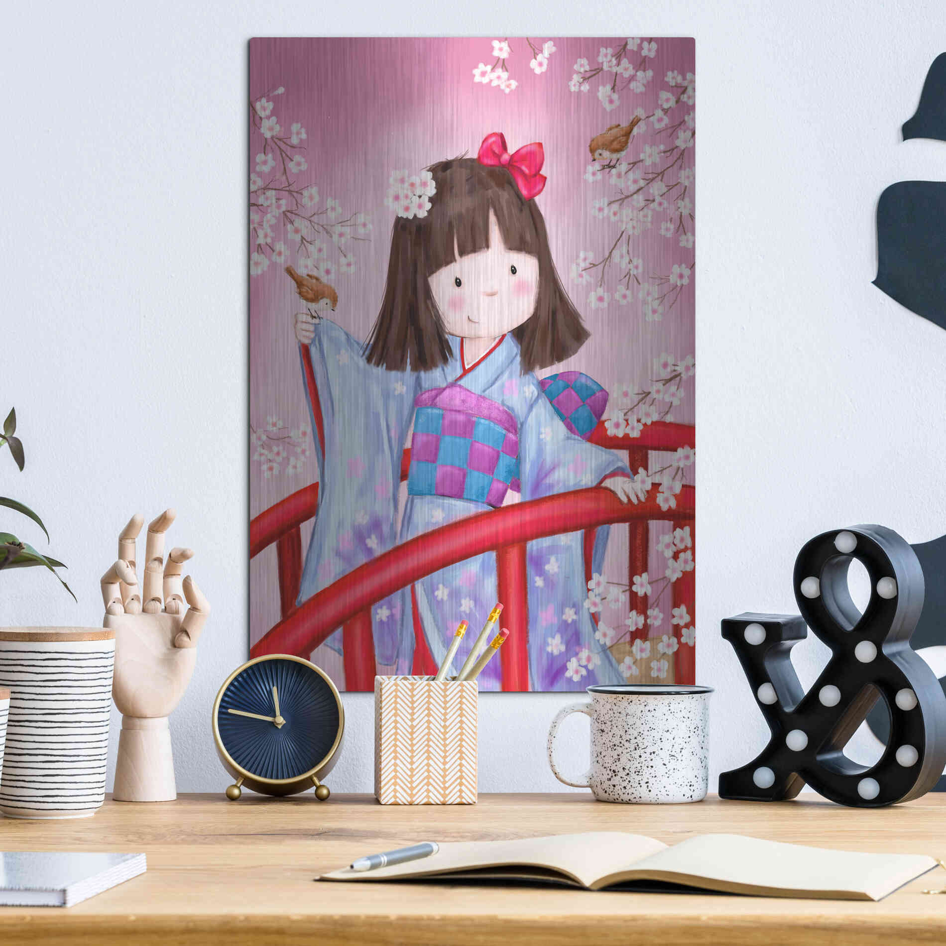 Luxe Metal Art 'Japanese Girl Bird 2' by Makiko, Metal Wall Art,12x16