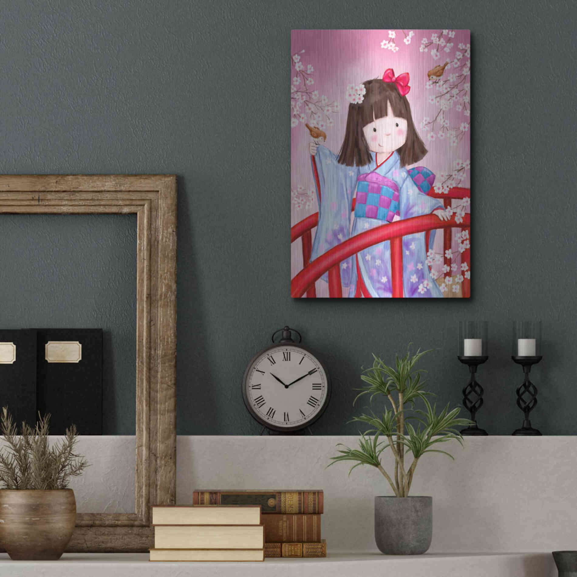 Luxe Metal Art 'Japanese Girl Bird 2' by Makiko, Metal Wall Art,12x16