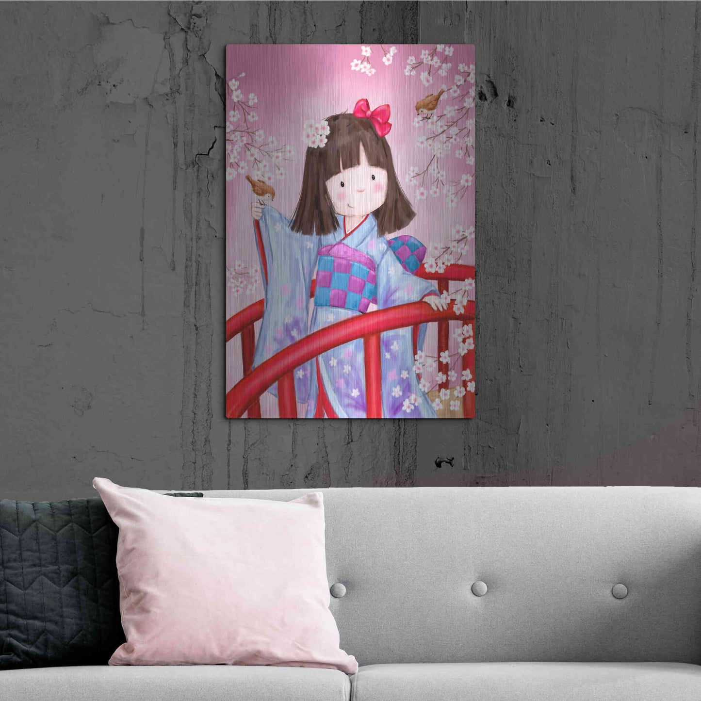 Luxe Metal Art 'Japanese Girl Bird 2' by Makiko, Metal Wall Art,24x36